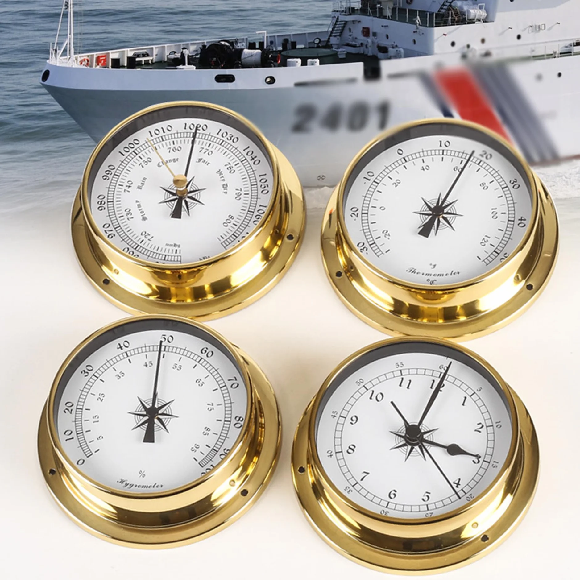 Baromètre en Laiton Marin 115mm Ensemble de 4 Pièces Hygromètre Horloge Cadre Acier Inoxydable