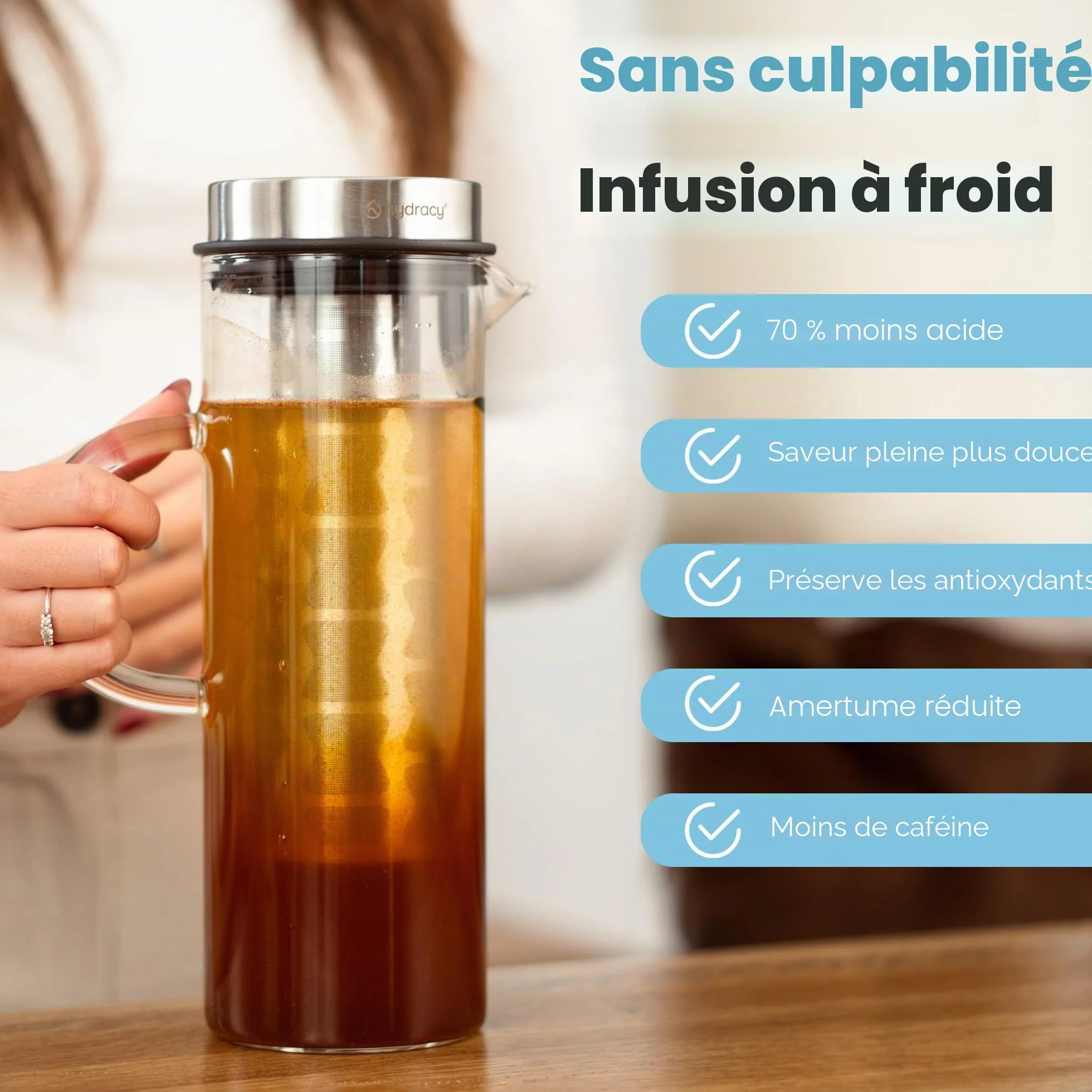 Cafetière Hydracy 1,5L Verre Borosilicate Acier Inox pour Café Thé Glacé Infusion Fruits