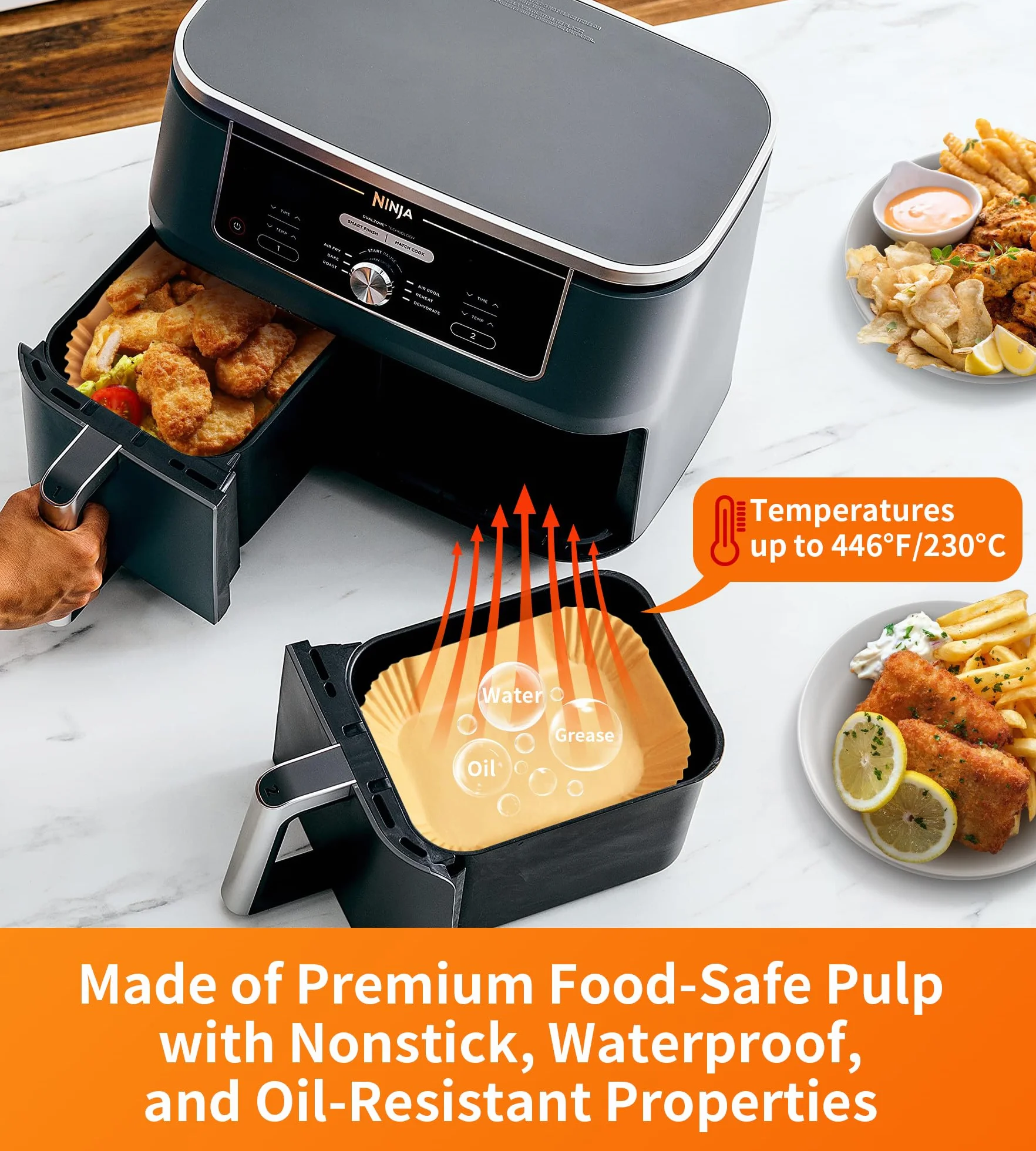 Papier Cuisson Air Fryer 100 szt, Papier Sulfurisé Air Fryer Accessoires Double Stack XL SL400EU, AF400EU, AF300EU, 22x14cm Rectangulair Paper Liners Friteuse Sans Huile