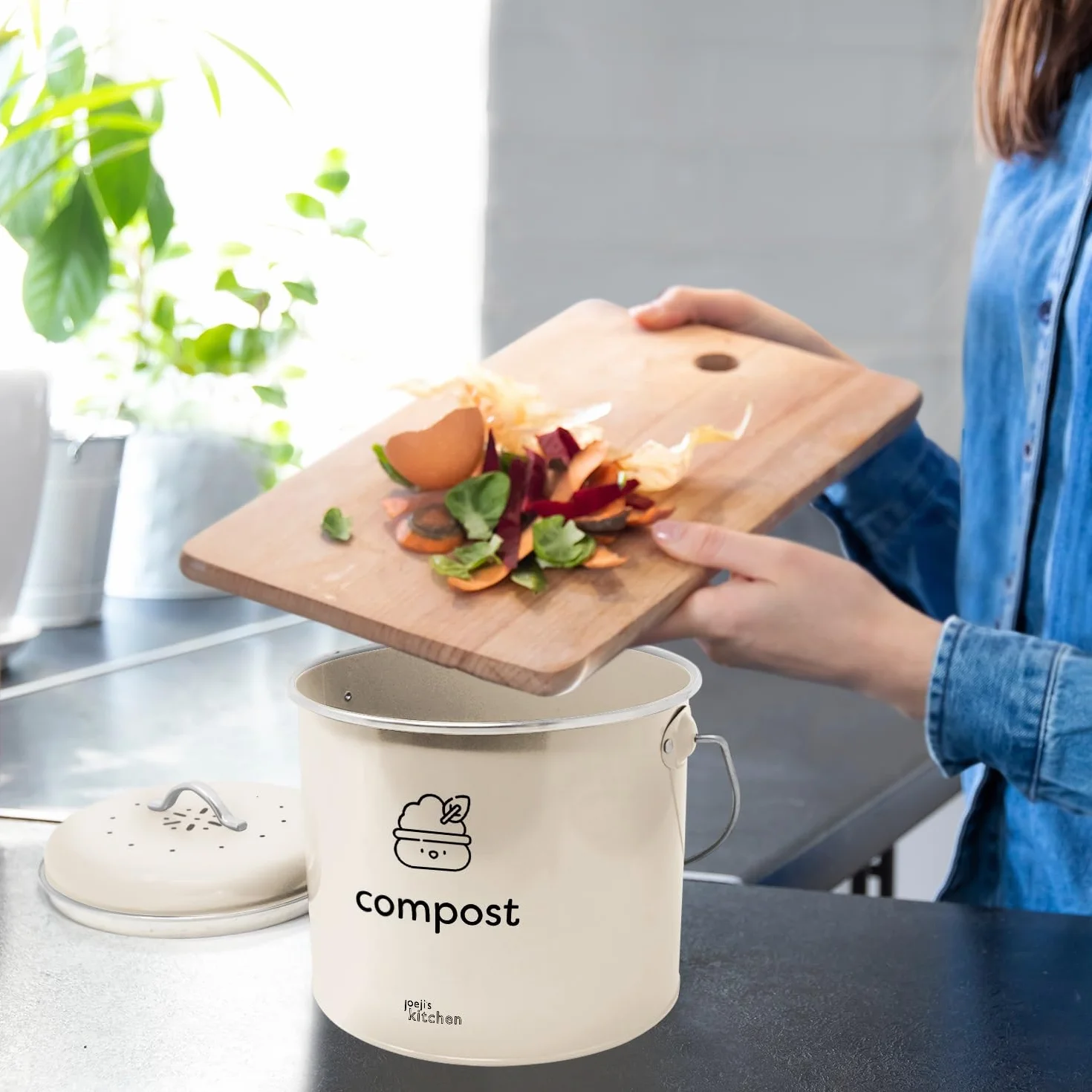 Bac à Compost 3,5 l – Compost de Cuisine Compact en Acier Galvanisé avec Filtres à Charbon