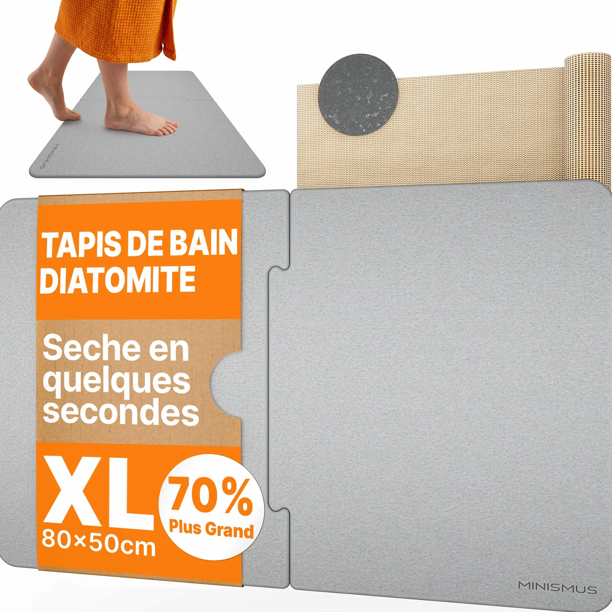 Tapis de Bain en Diatomite 80 x 50 cm, Absorbant et Antidérapant, Taille XL, Séchage Rapide, Gris Clair