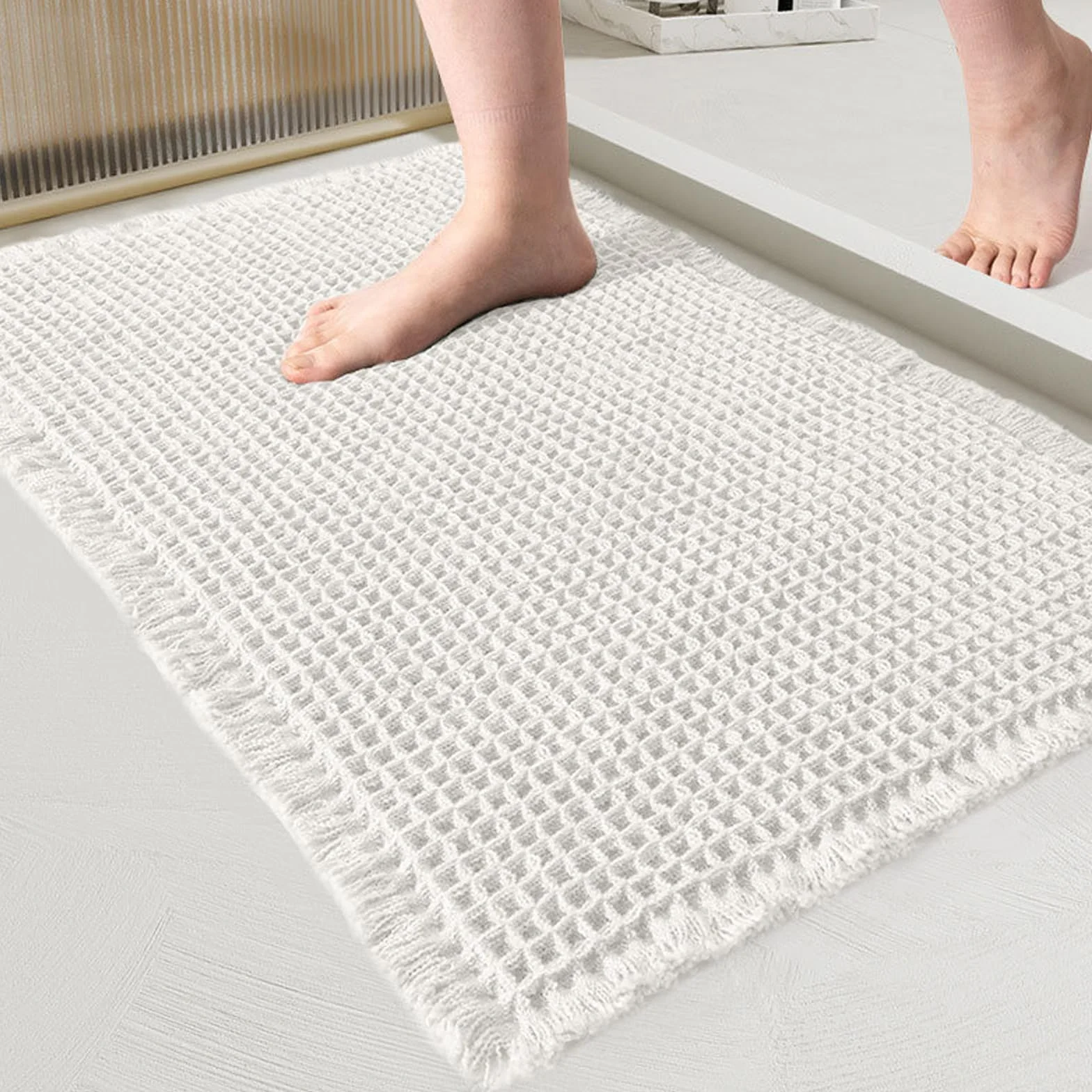 Tapis de Bain en Coton Gaufre Antidérapant 60 x 90 cm Blanc