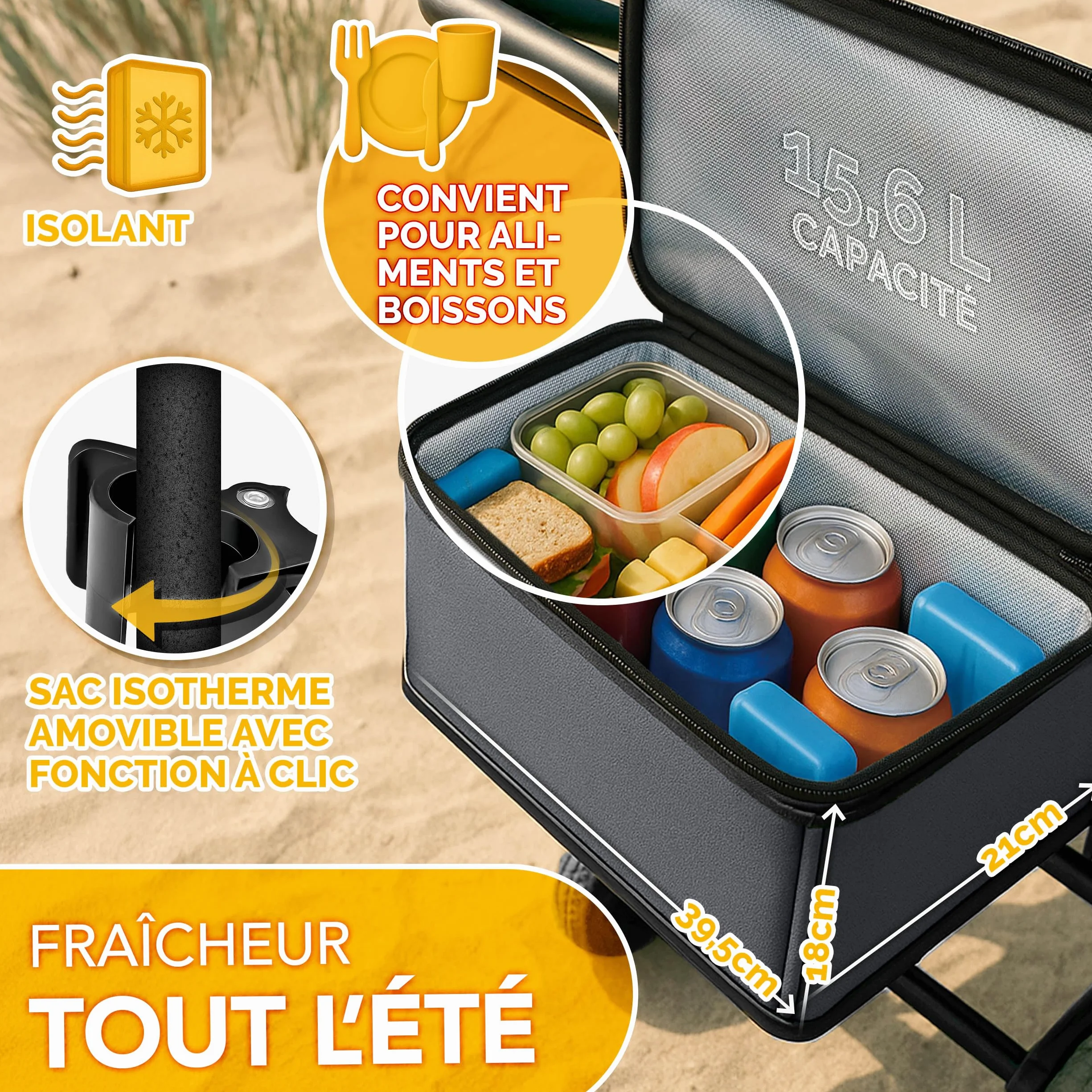 TRESKO Chariot de transport pliable 150 kg avec compartiment isotherme et stores latéraux