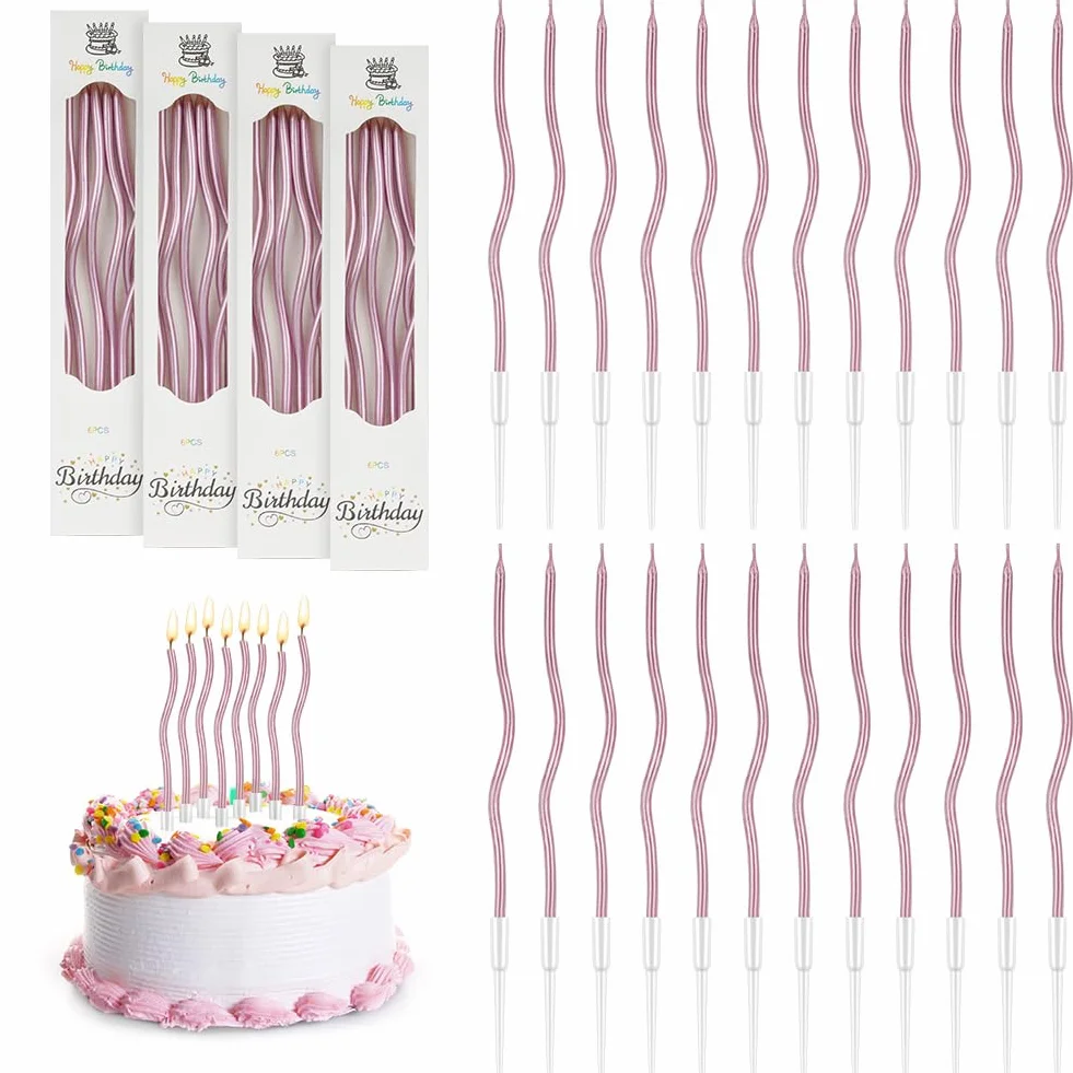 Bougies d'anniversaire Torsadées 24 Pièces Or Rose avec Supports pour Gâteau