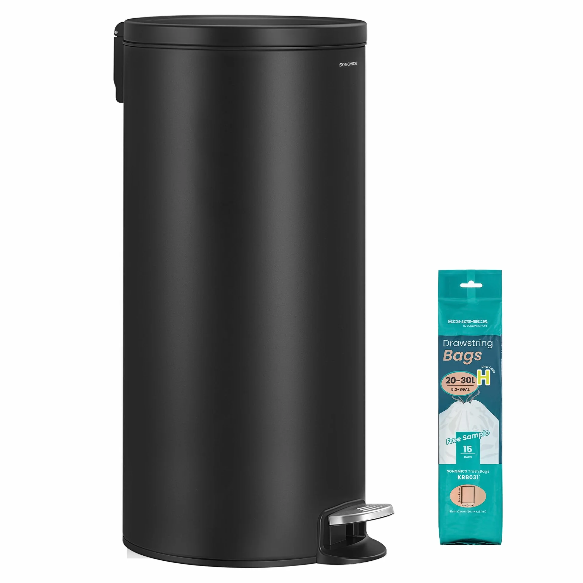 SONGMICS Poubelle 30 L Rond, Acier, Noir d'Encre, Pédales en Métal, Seau Amovible