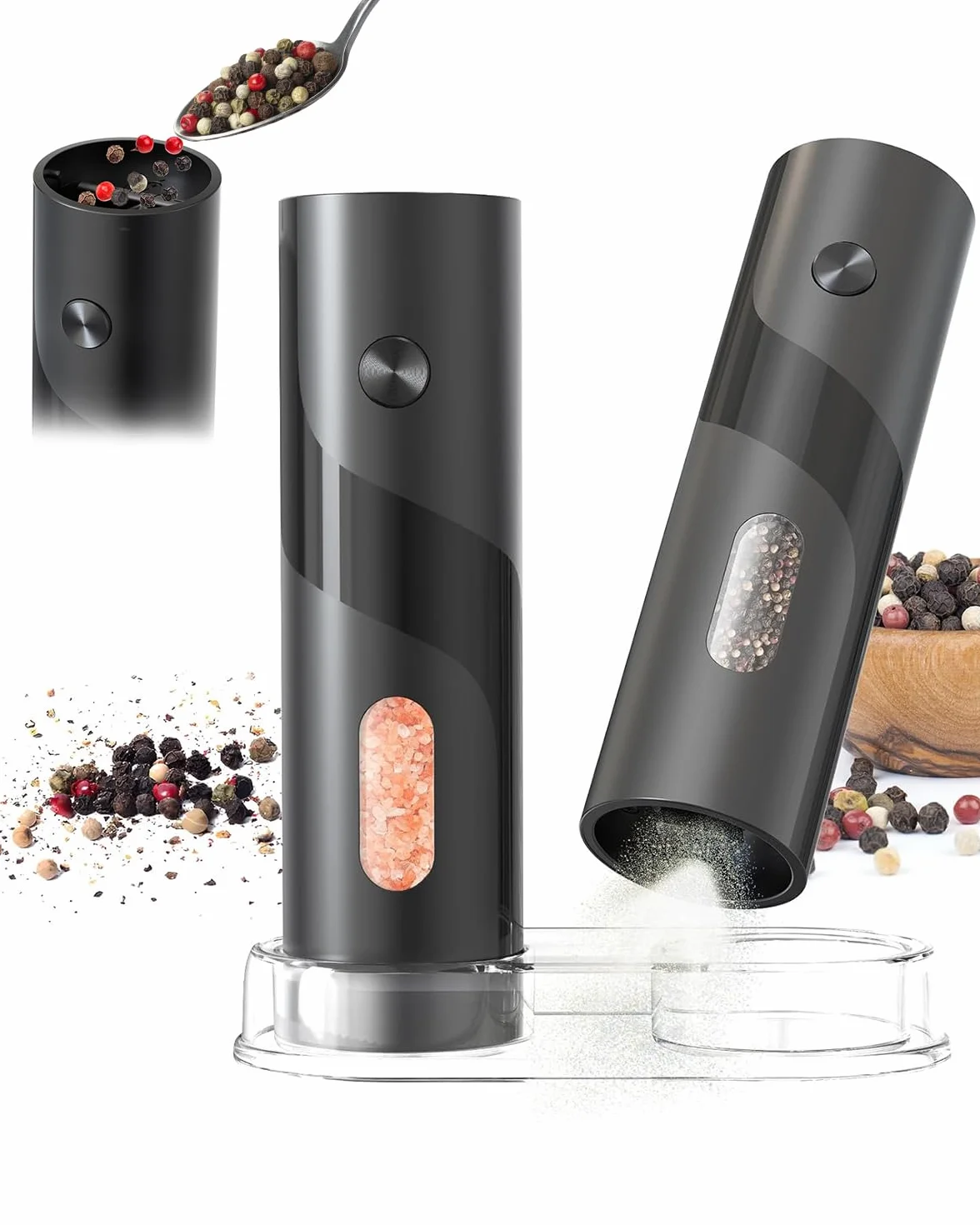 Moulin à sel et à poivre électrique 120 ml lot de 2 avec éclairage LED - Noir