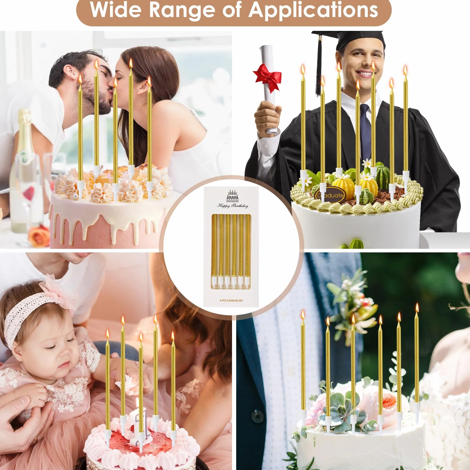 Bougies Anniversaire Dorée 36 Pièces avec Supports Longues et Fines Gold pour Gâteau Fête