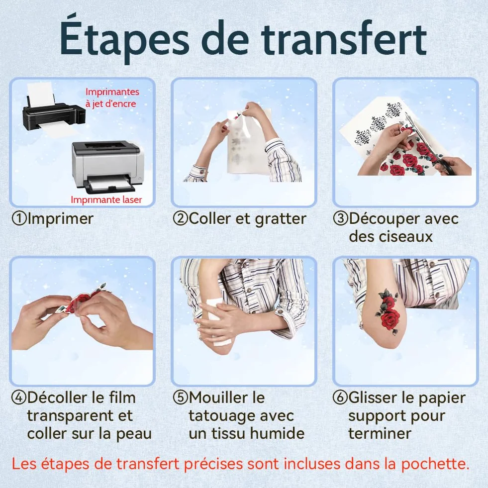 Papier Transfert Tatouage Temporaire Transparent A4, Impression Jet d'Encre & Laser, Lavable, Décalcomanie DIY, 5 Feuilles