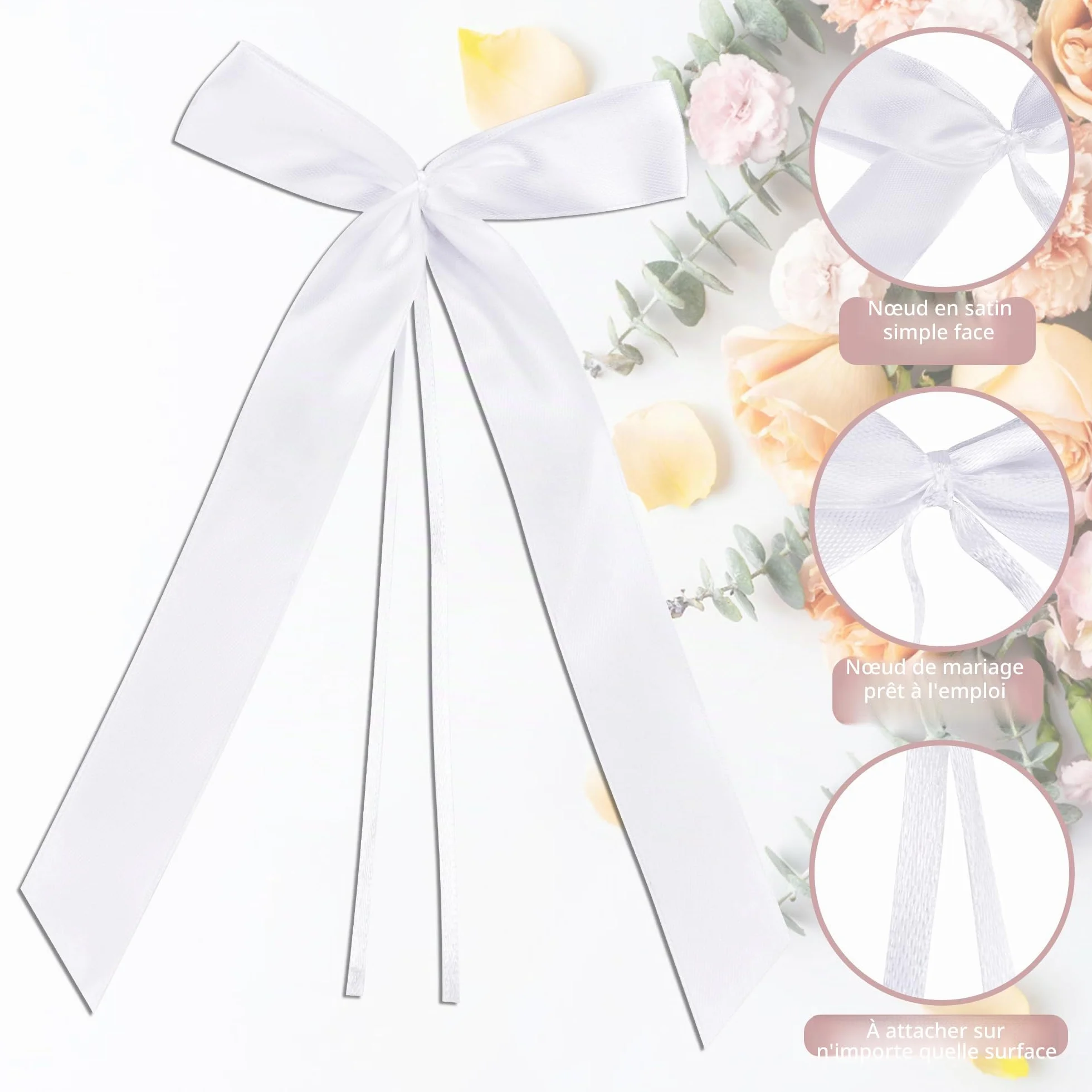 DazSpirit 100 pcs Noeud Voiture Mariage Blanc, Ruban Satin Decoration Mariage pour Deco Voiture, Mariage Champetre, Decoration Voiture Mariage de Chaise, Cadeaux, Wedding Ceremony, Bouquet | Prêt à l'emploi