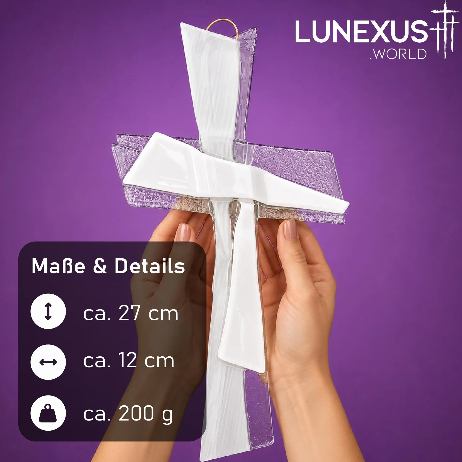 Lunexus Croix en verre blanc transparent 27 x 12 cm Cadeau de baptême communion confirmation Croix murale blanche faite à la main Allemagne certificat bénédiction