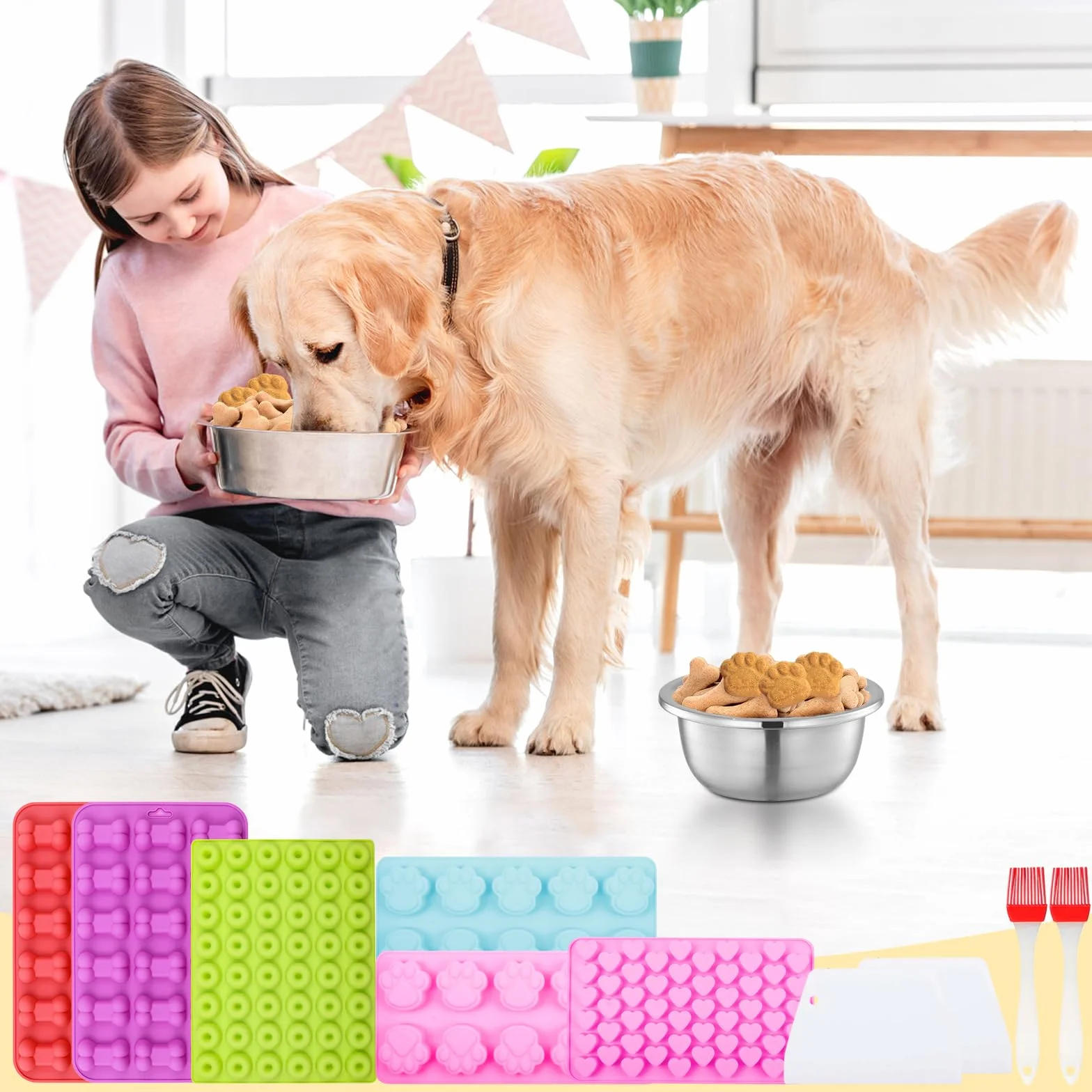 Tapis de Cuisson en Silicone Antiadhésif pour Friandises Maison Chien, Moule à Pepites Chocolat, avec Racloir et Pinceau Pâtisserie
