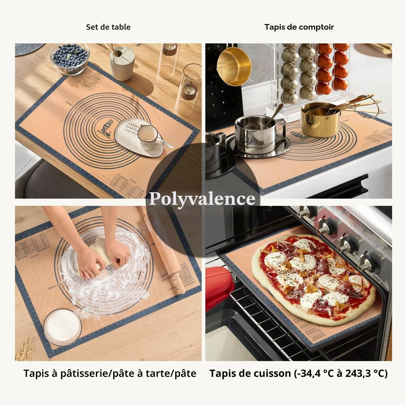 Tapis à Pâtisserie en Silicone Antidérapant 71×51cm avec Grattoir à Pâte Gris