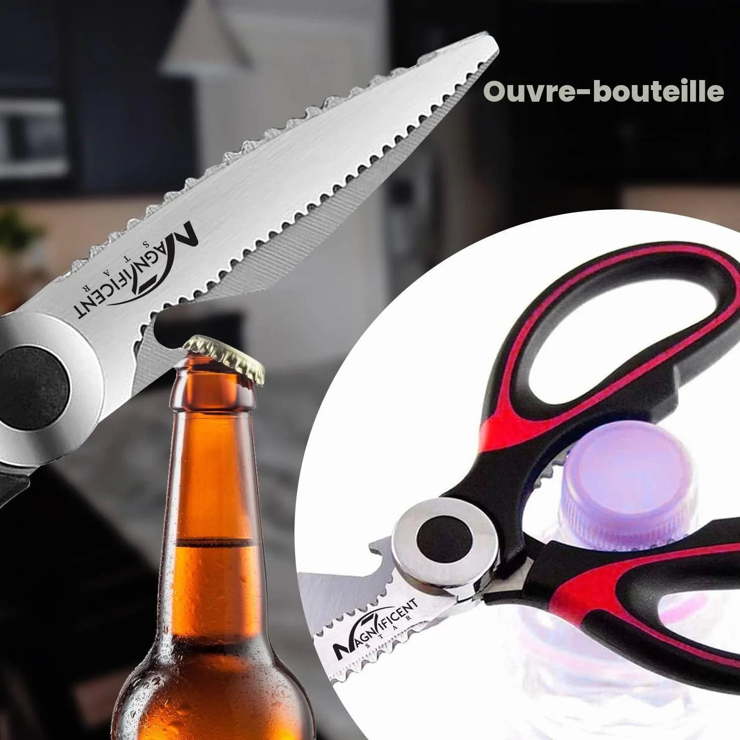 Ciseaux de cuisine en acier inoxydable avec couvercle et poignées confortables