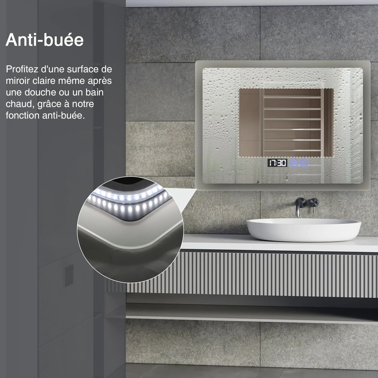 YOURLITE Miroir Salle de Bain LED 80x60 cm Dimmable 3 Couleurs Antibuée Affichage Horloge Température IP44 Blanc