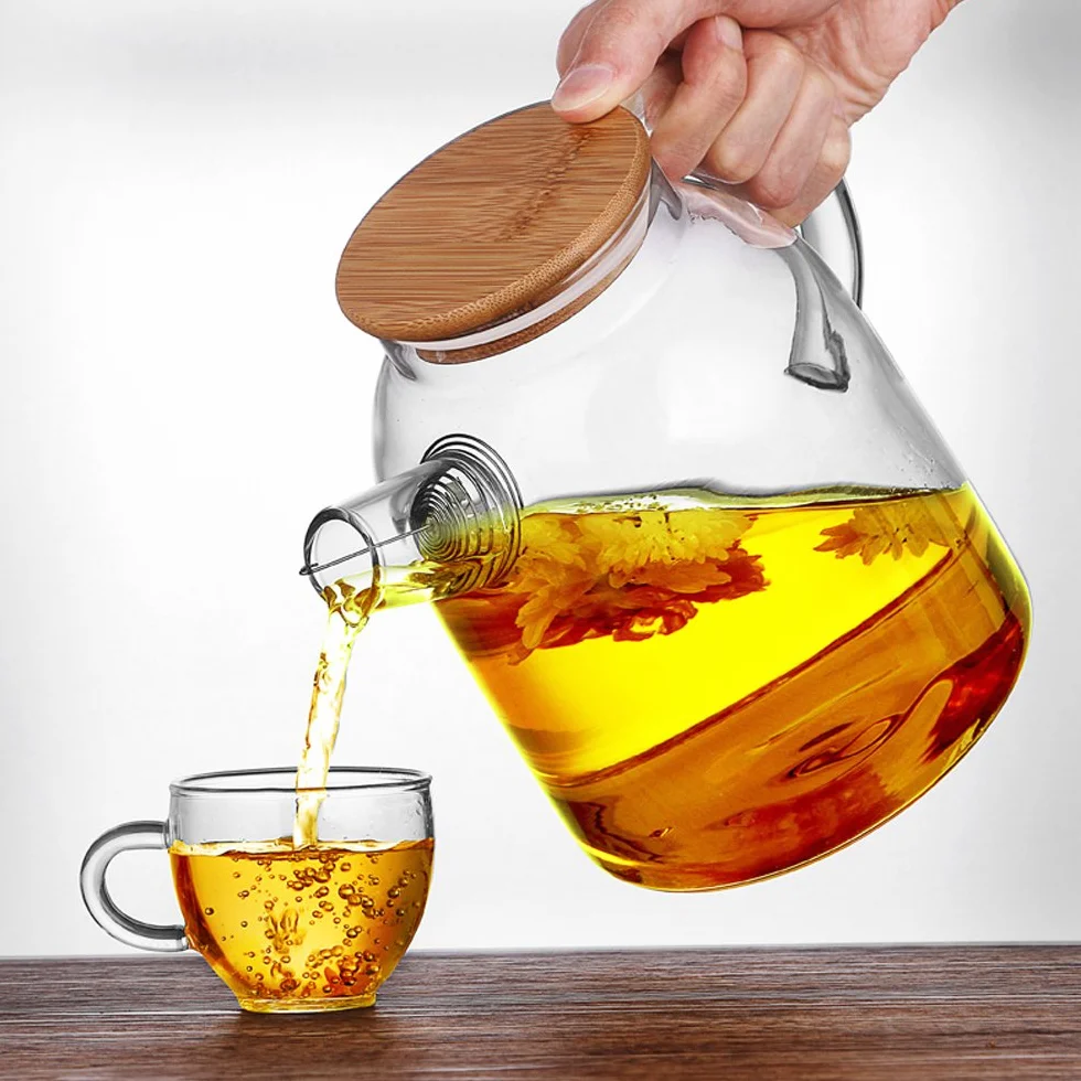 Théière en Verre Transparente 1500ML avec Filtre en Bambou et Acier Inoxydable