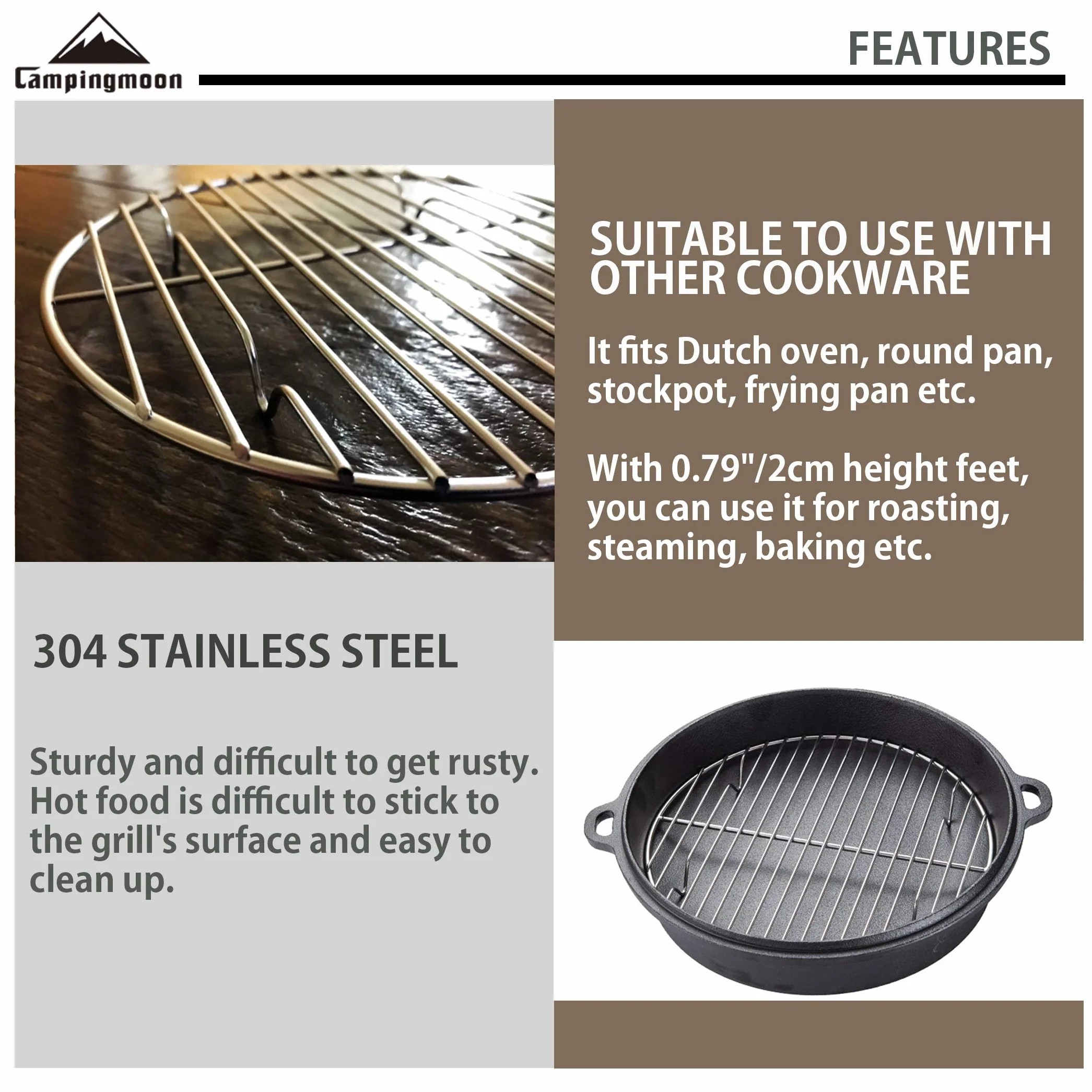 Campingmoon Grille de cuisson ronde en acier inoxydable 21 cm pour four hollandais