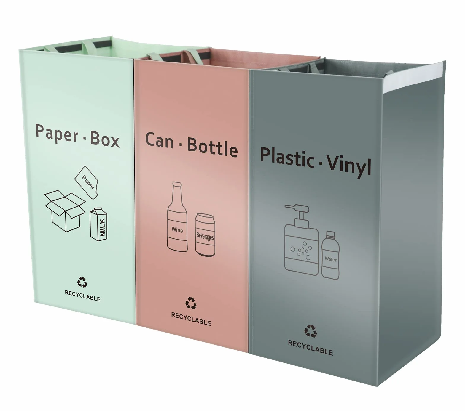 BOMEI PACK Lot de 3 Bacs de Déchets Trieur à Déchets pour Recyclage Rose Gris Vert Poubelle Extérieur Intérieur Papier Verre Plastique
