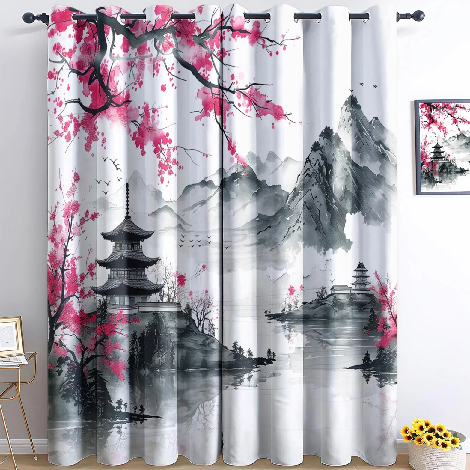 Rideaux Occultants 3D Perles Et Fleurs 75x166 cm 2 Panneaux Thermique Sonore Oeillets Décoration Salon Chambre