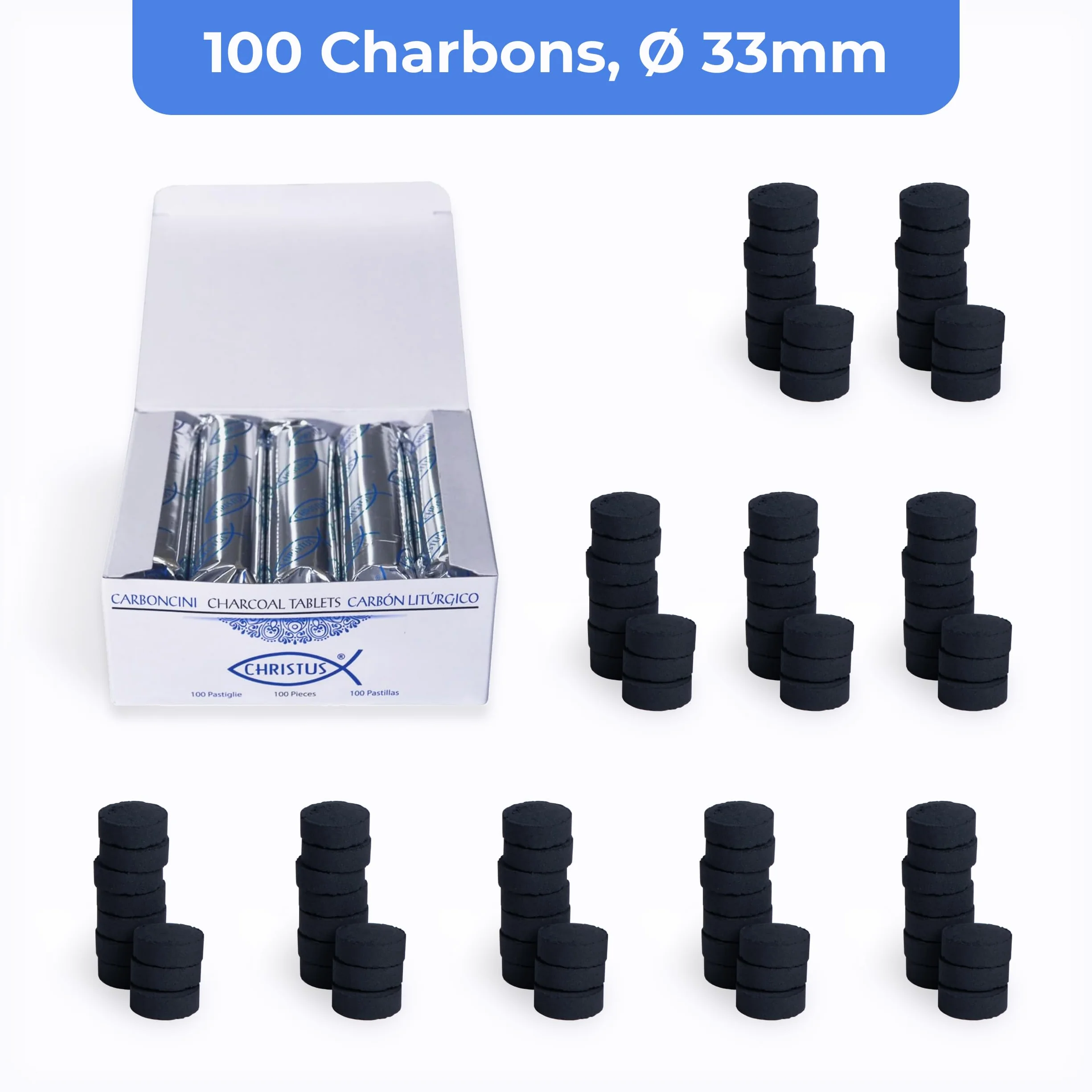 100 Charbons pour Encens et Narguilé Ø 33 mm - Naturels, Allumage Rapide