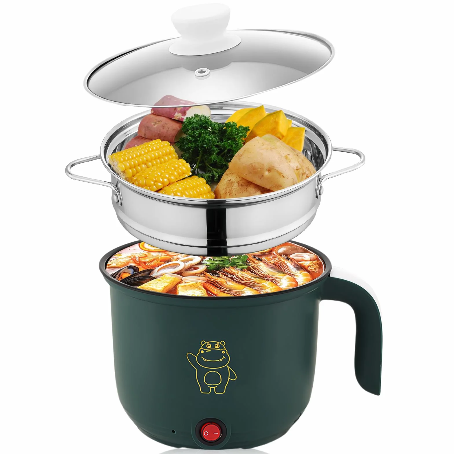 Casserole électrique 1,8 L antiadhésif, Mini fondue électrique, Multicuiseur portable avec cuiseur vapeur