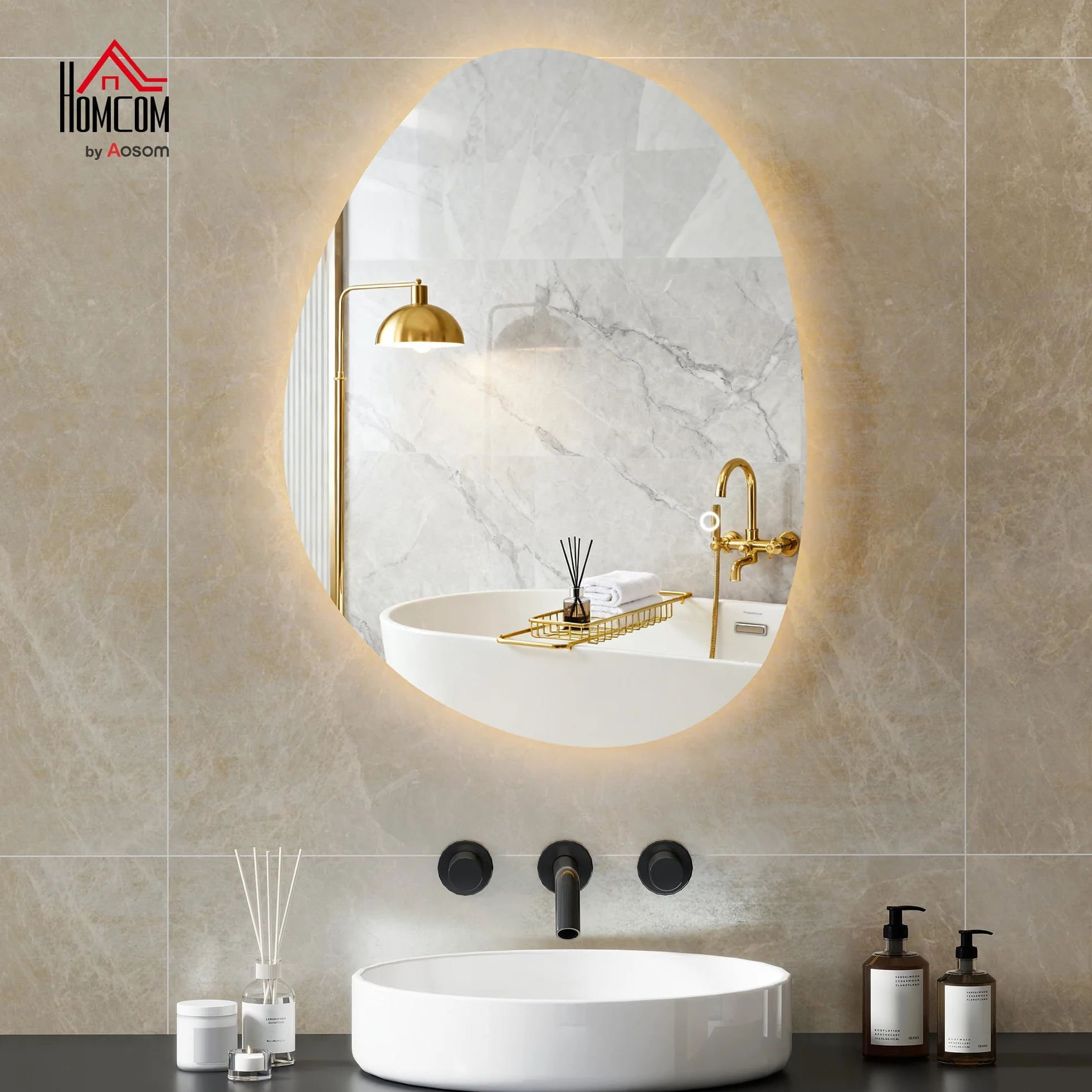 HOMCOM Miroir Salle de Bain LED 70 x 50 cm Mural Asymétrique Anti-buée 3 Couleurs Dimmable IP44 Argenté