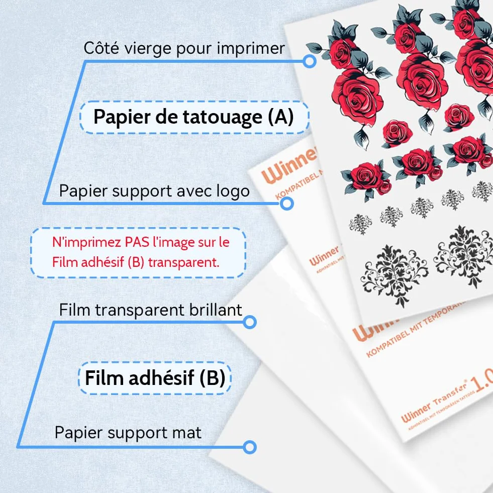 Papier Transfert Tatouage Temporaire Transparent A4, Impression Jet d'Encre & Laser, Lavable, Décalcomanie DIY, 5 Feuilles