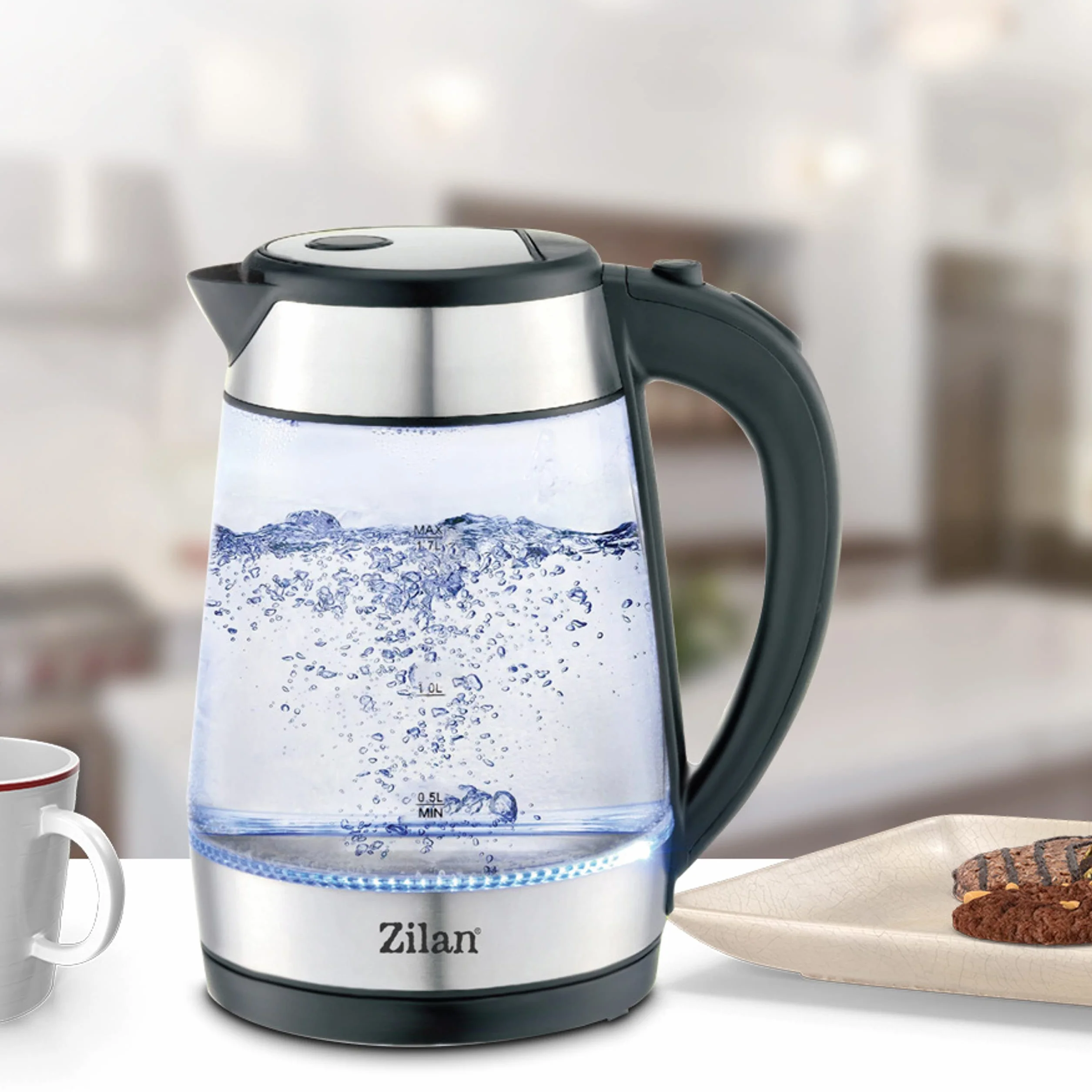 Bouilloire en verre et acier inoxydable 2200W 1,7L Éclairage LED bleu 360° Filtre anti-calcaire Sans BPA