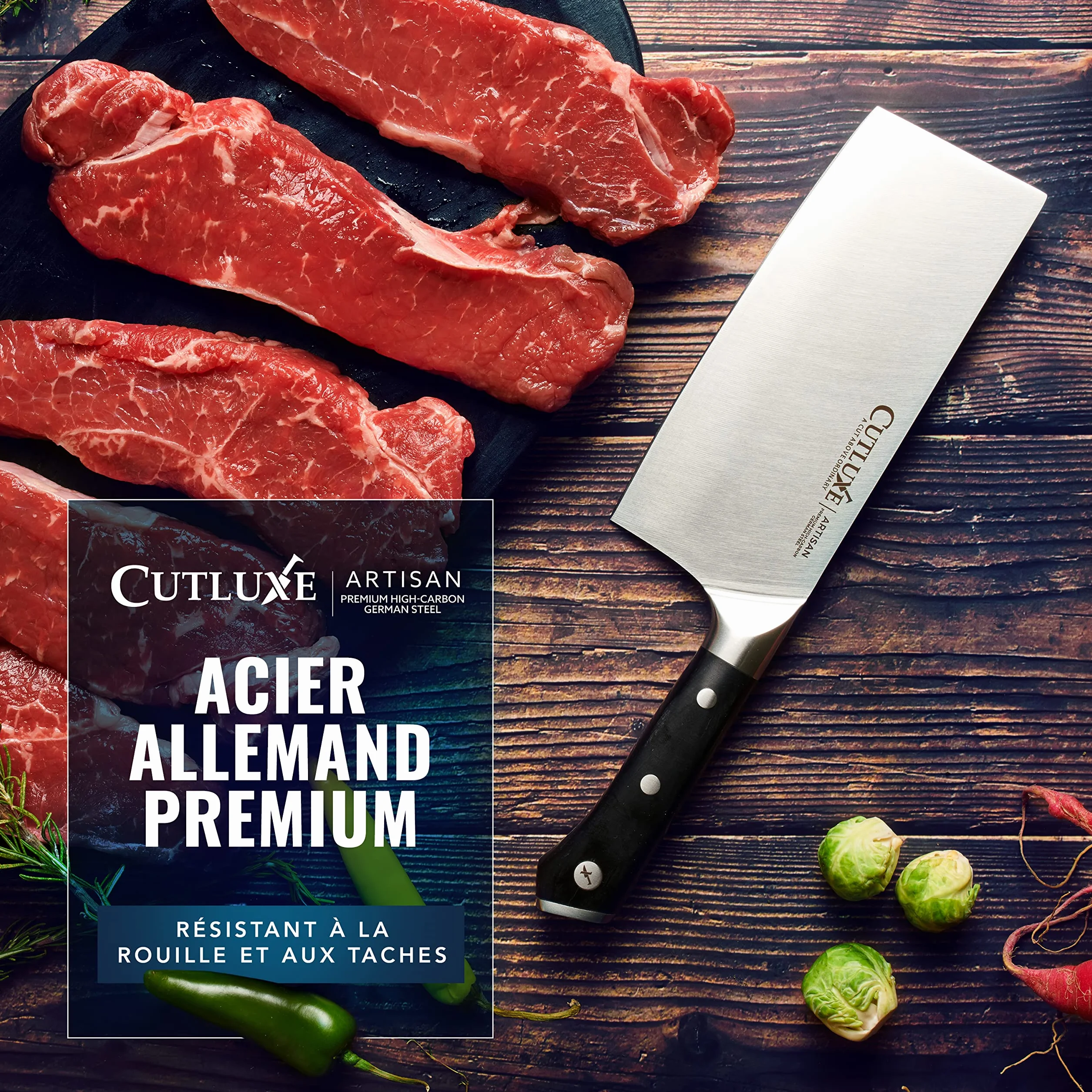 Cutluxe Couteau de Boucher 17.7 cm Acier Allemand Carbone Tang Complet Série Artisan