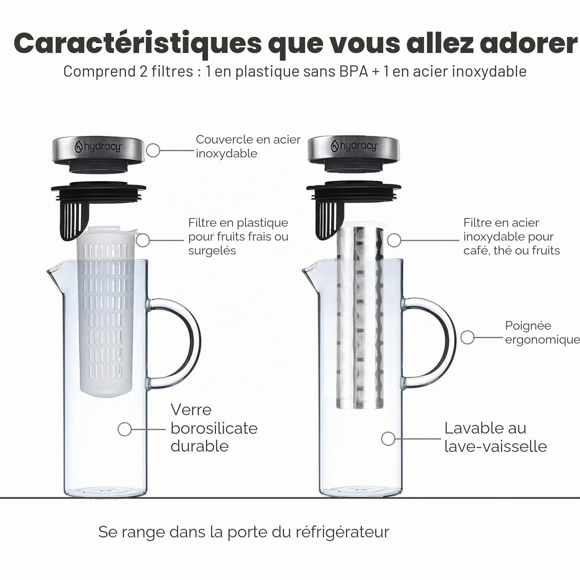 Cafetière Hydracy 1,5L Verre Borosilicate Acier Inox pour Café Thé Glacé Infusion Fruits