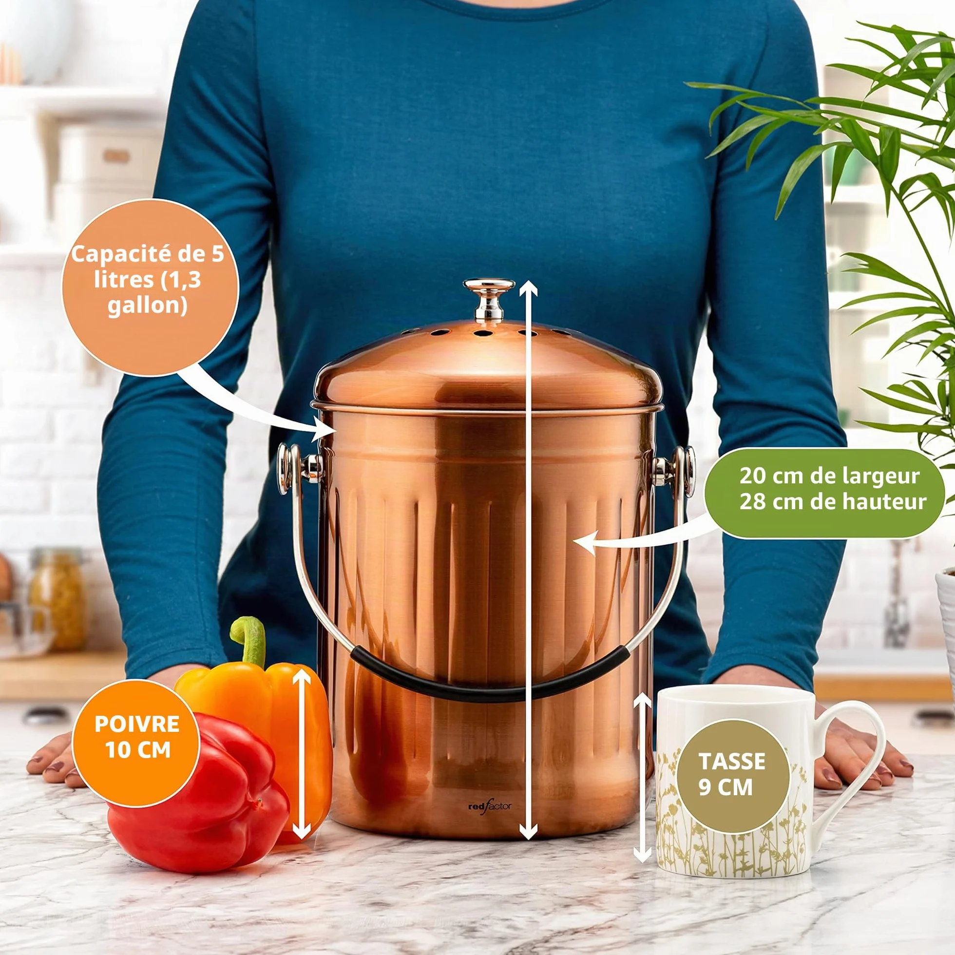 RED FACTOR Seau Compost Inodore Acier Inoxydable Cuisine 5 Litres Cuivre Mat avec Filtres Charbon