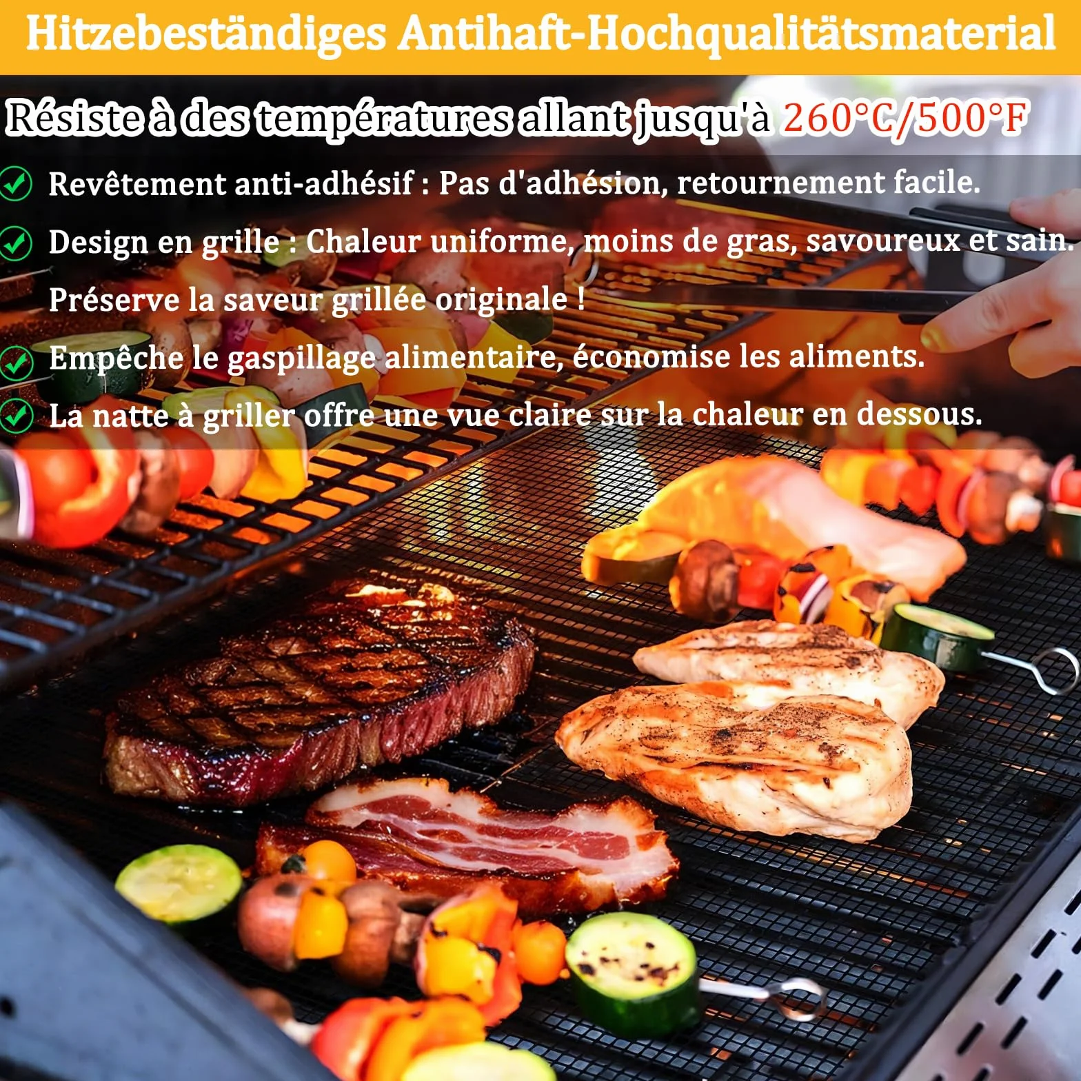Grille Barbecue découpable 42x36 cm Tapis de Cuisson Réutilisables Anti-adhésif pour Gril électrique Gaz Charbon