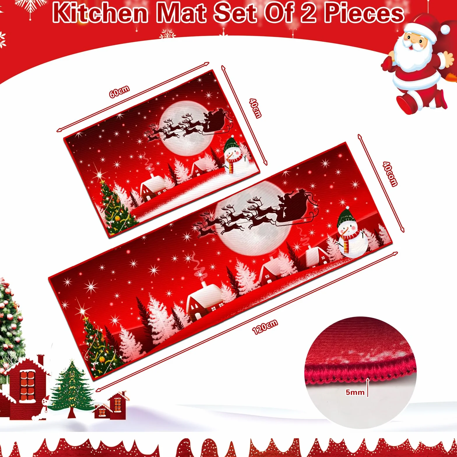 Tapis de Noël antidérapant lavable Père Noël 40 x 60 cm 40 x 120 cm