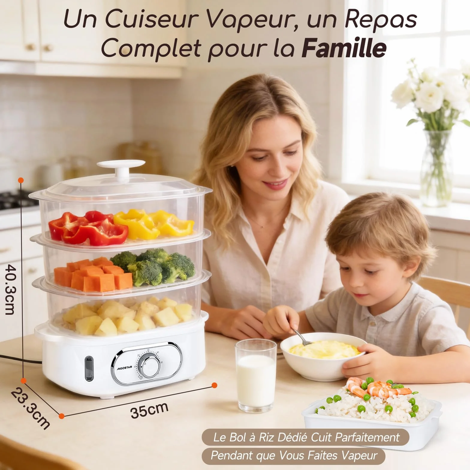 Aigostar Cuiseur Vapeur Electrique 12L 900W 3 Récipients Empilables Minuterie 60 Minutes Sans BPA