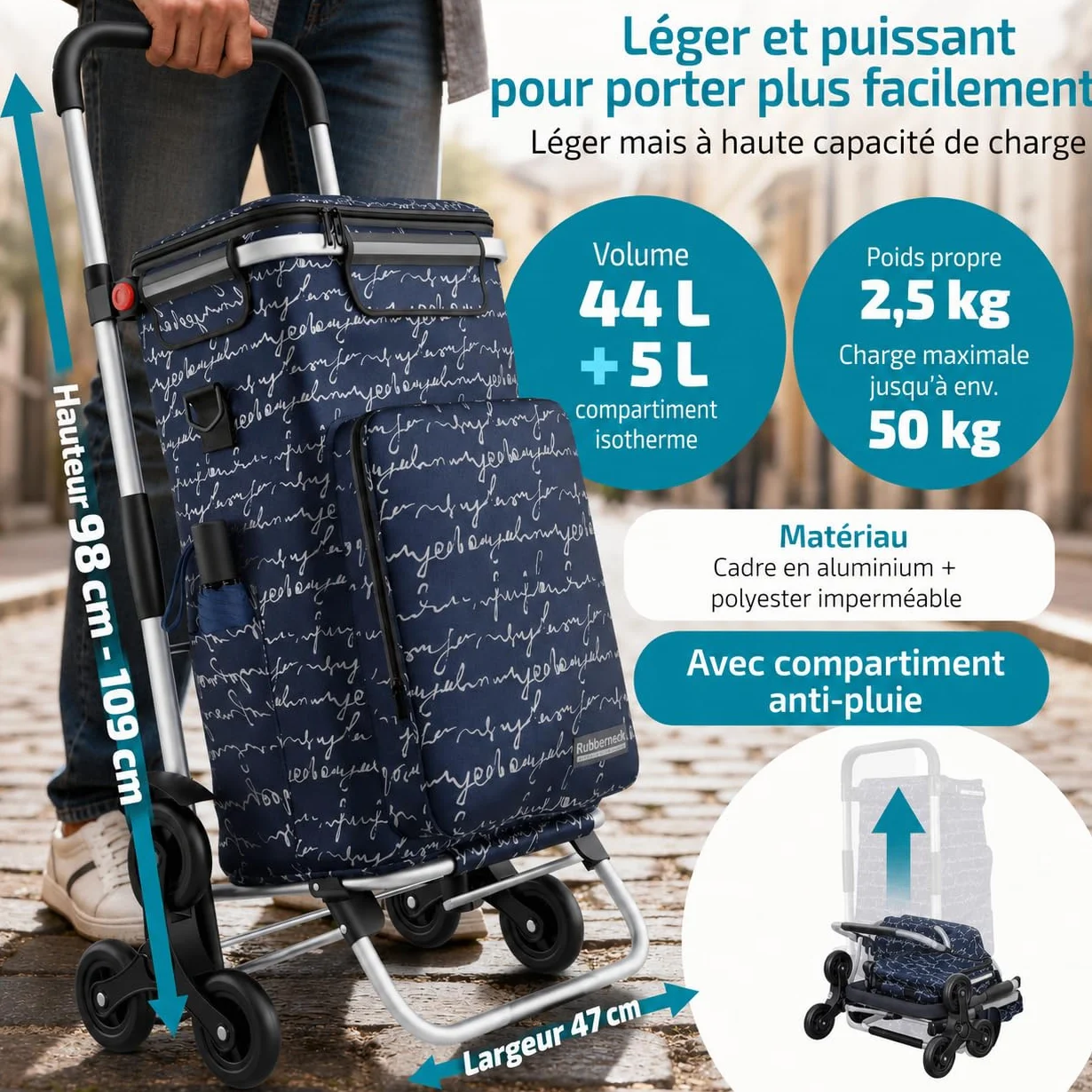 Rubberneck Chariot de Courses Pliable 44L avec Compartiment Isotherme Bleu