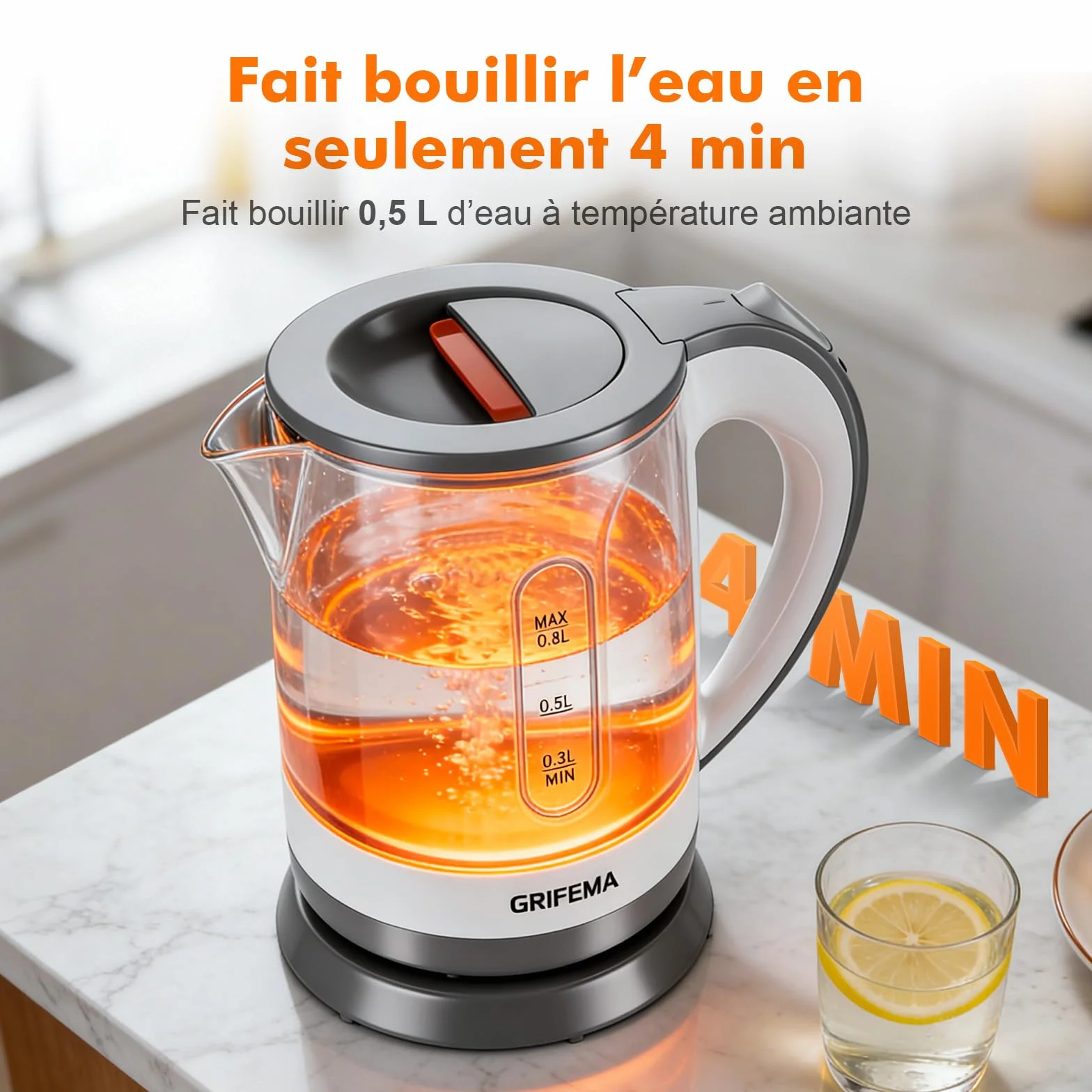 GRIFEMA GC1001 Bouilloire Électrique 0,8L 1100W Filtre Anti-Calcaire Amovible Arrêt Automatique