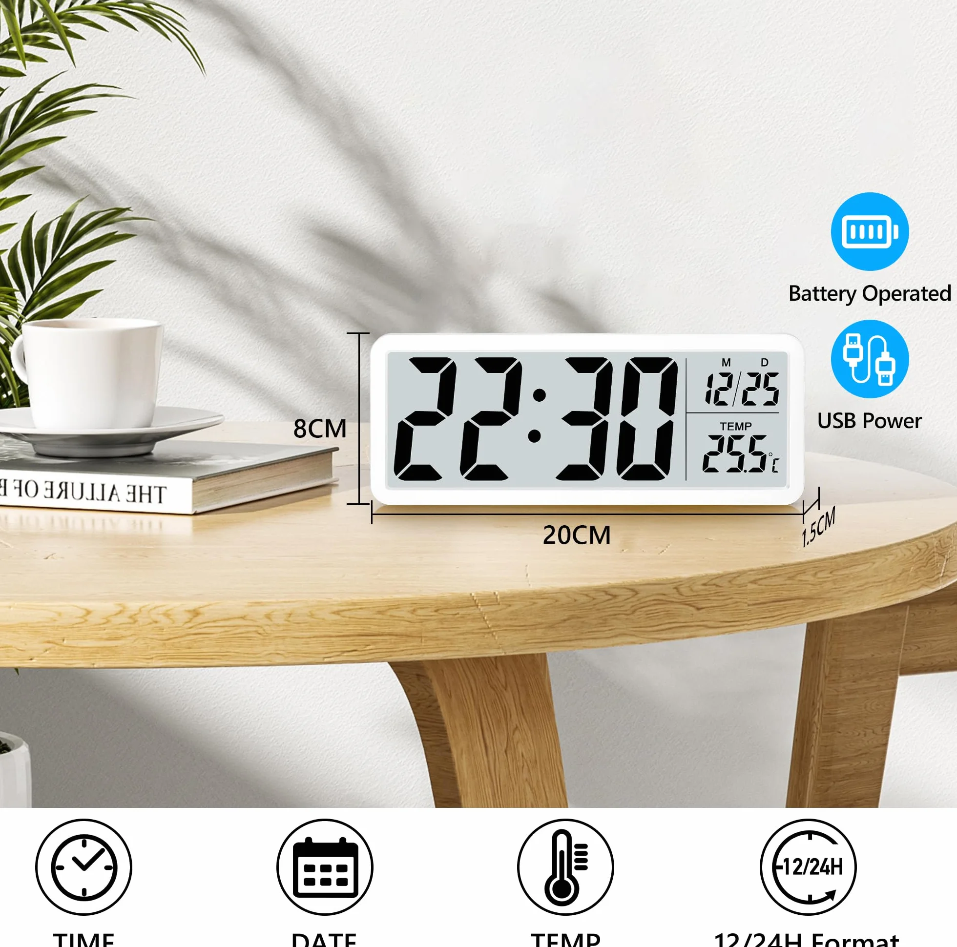 Horloge Murale Numérique à Piles Grands Chiffres Température 12/24 Heures