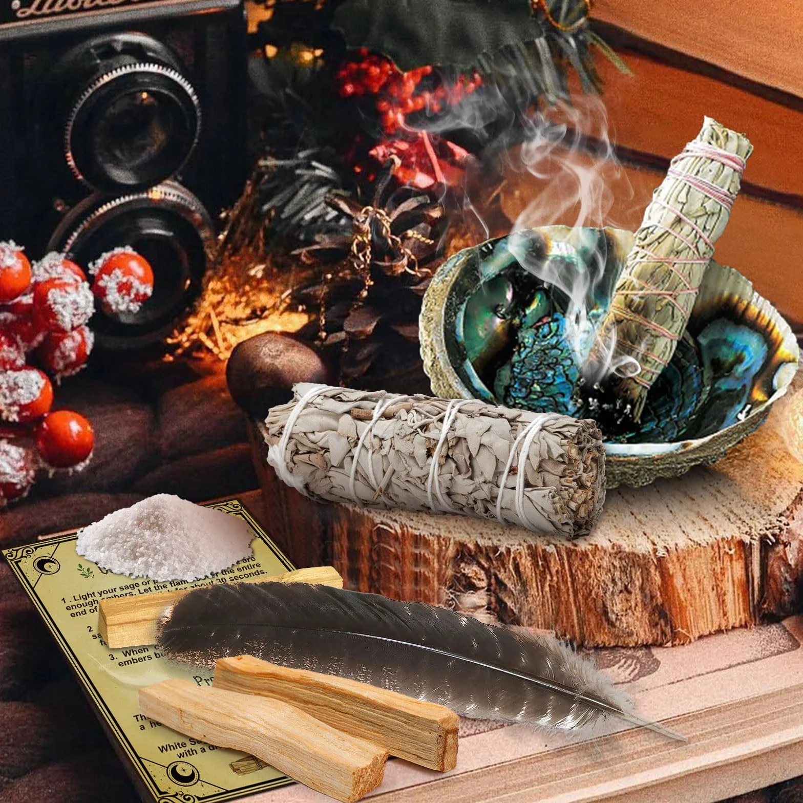 FAMKEEP White Sage Palo Santo Coquillage d'ormeau Encens Naturel Nettoyage énergétique Anti Stress méditation