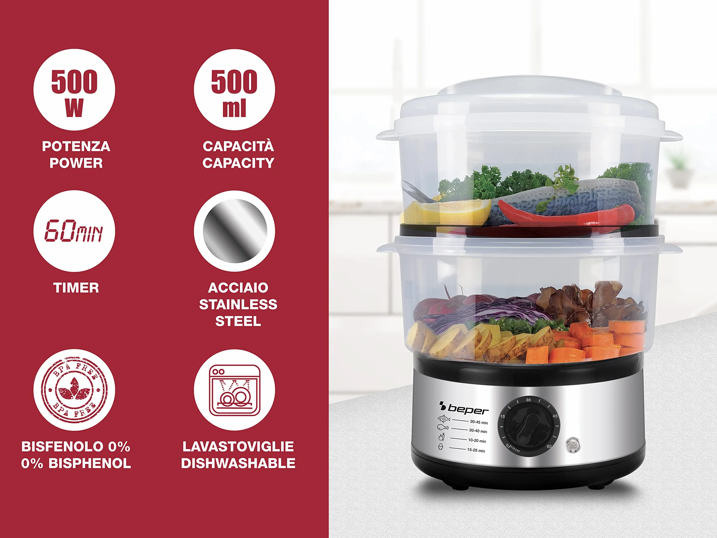 BEPER BC.261 Cuiseur Vapeur 5 Litres avec Minuteur Électrique Sans BPA