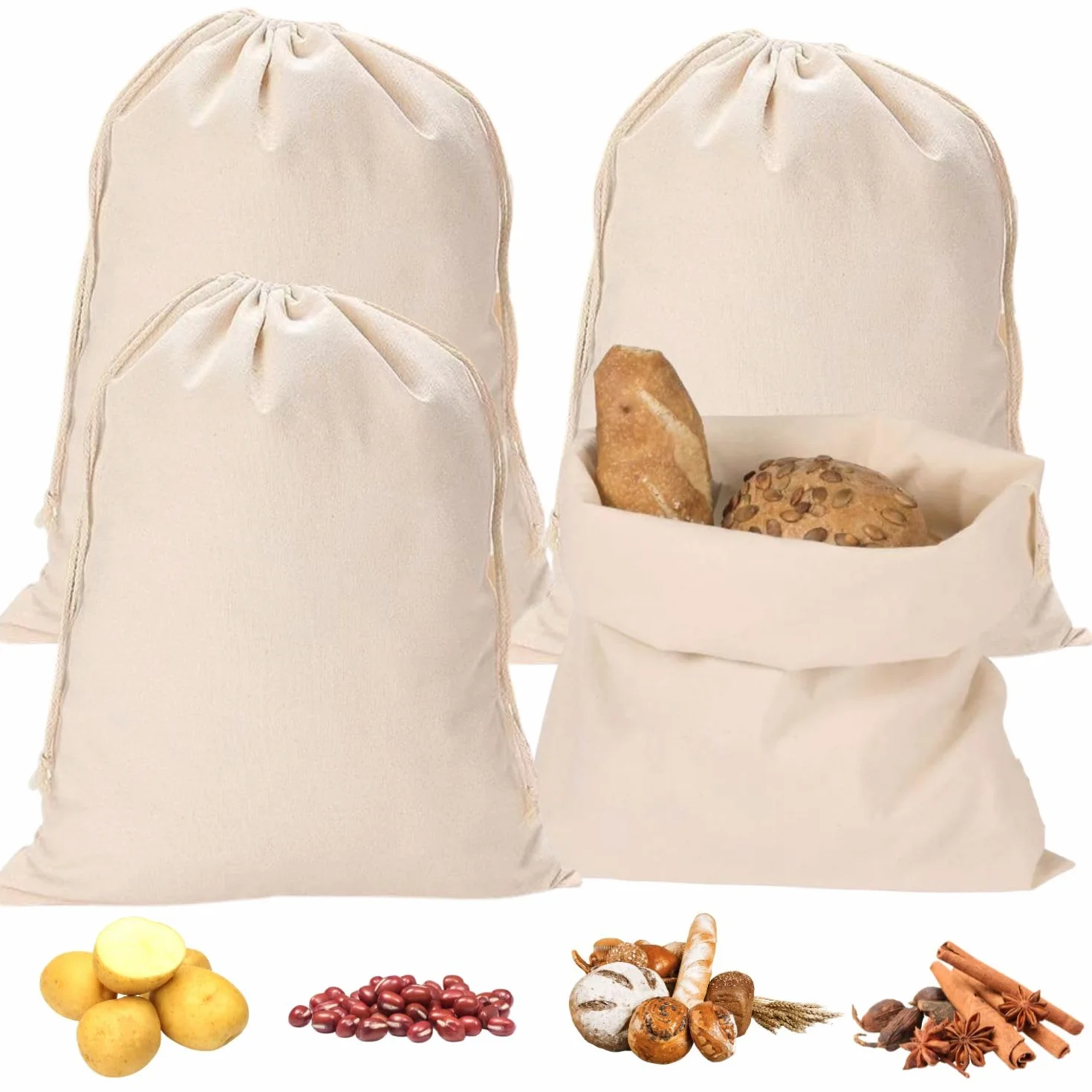 Lot de 4 sacs à pain en lin 30 x 40 cm avec cordon de serrage réutilisables