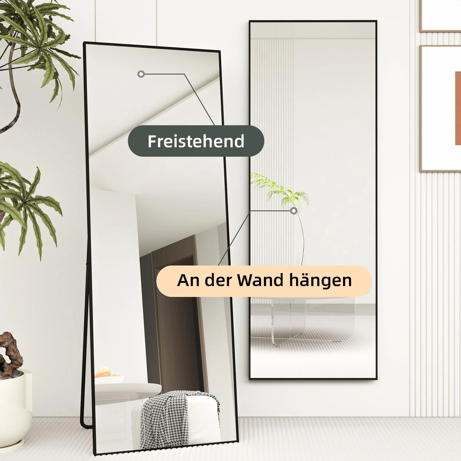 Miroir sur Pied 140x50cm Cadre Métal Noir Grand Miroir Mural HD Crochets Salon Chambre Dressing