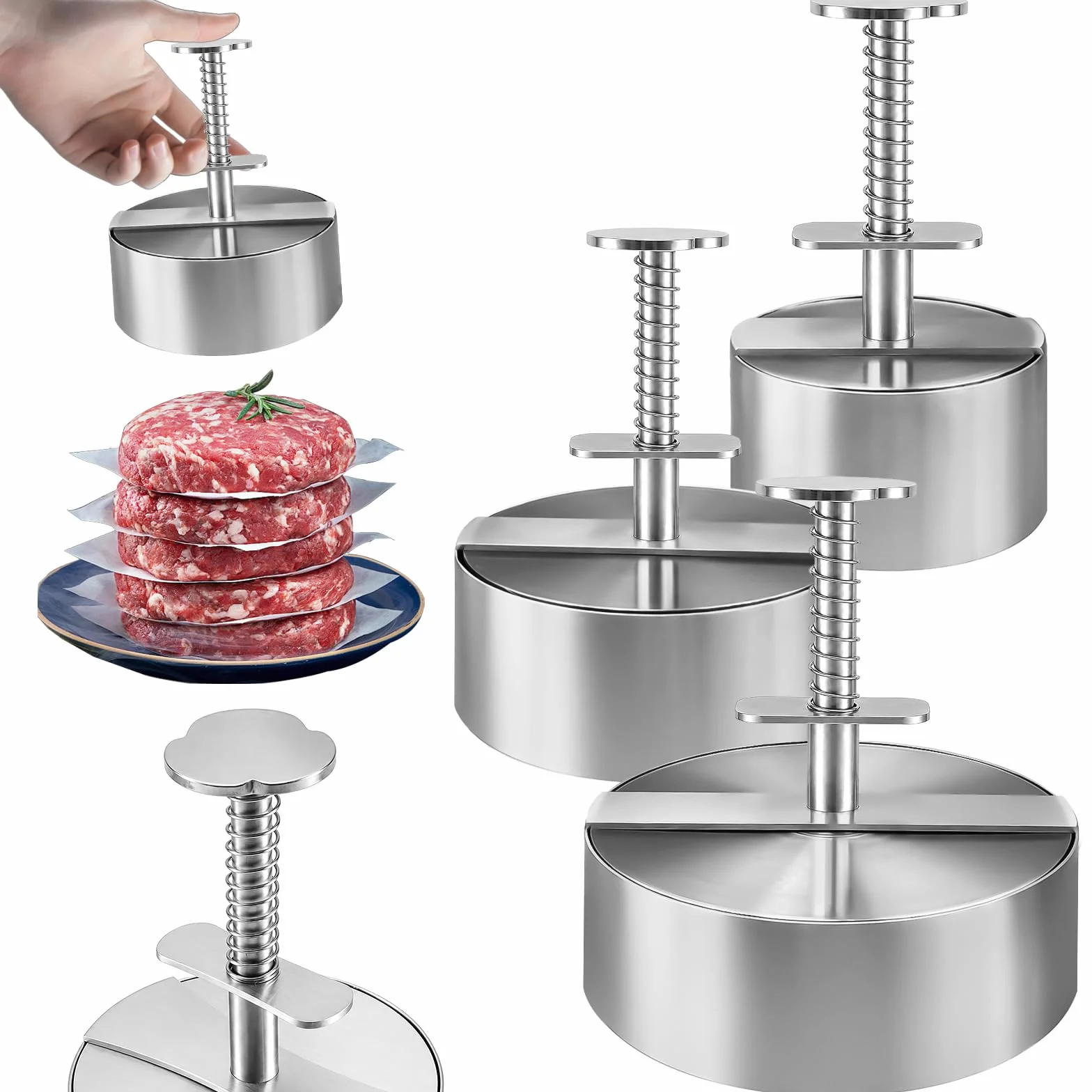 Presse à Burger Acier Inoxydable 304, Moule Steak Haché 8/11,5/14 cm, Antiadhésif pour Barbecue