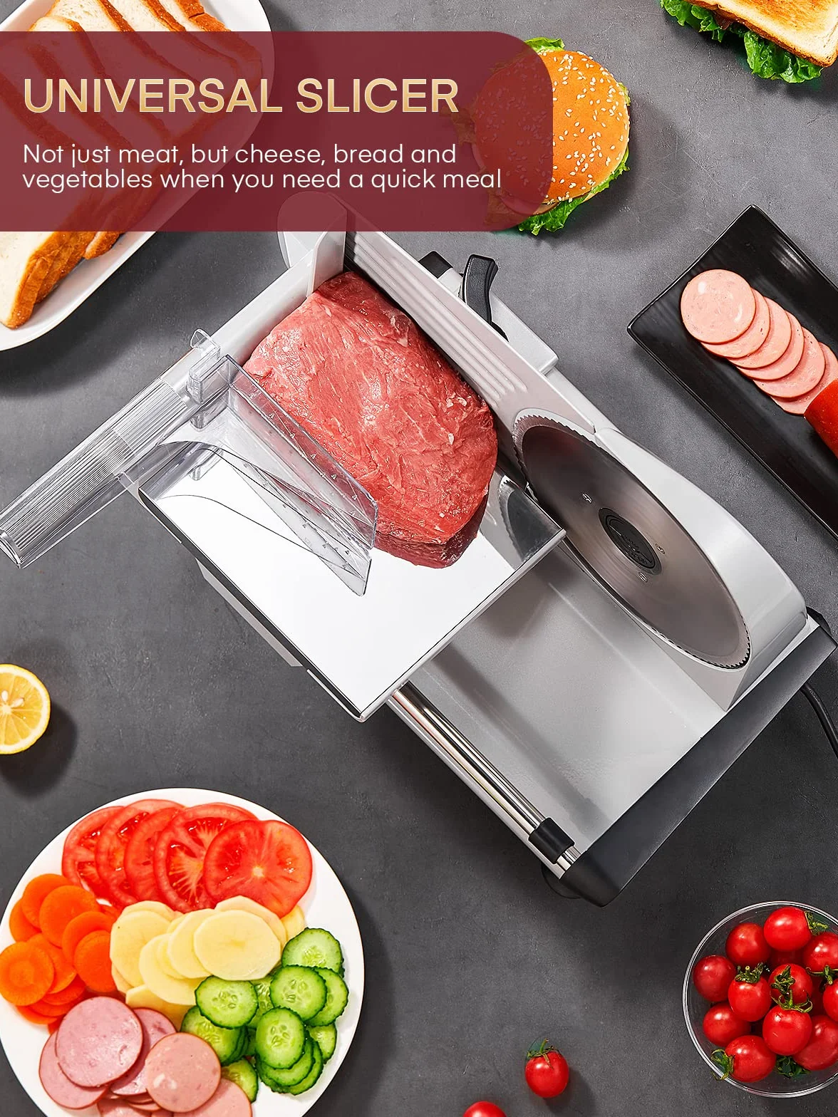 Trancheuse Électrique 200W 2 Lames 19 cm Jambon Saucisson Fromage Argent