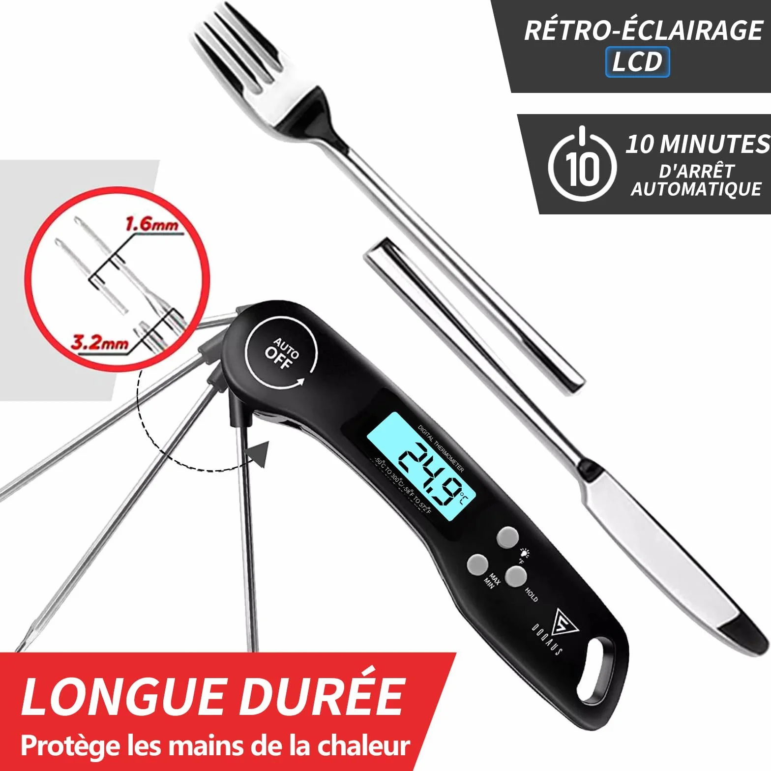 DOQAUS Thermometre Cuisine 3s Lecture instantané Thermomètre viande Écran LCD Auto On/Off Sonde Pliable Cuisson BBQ