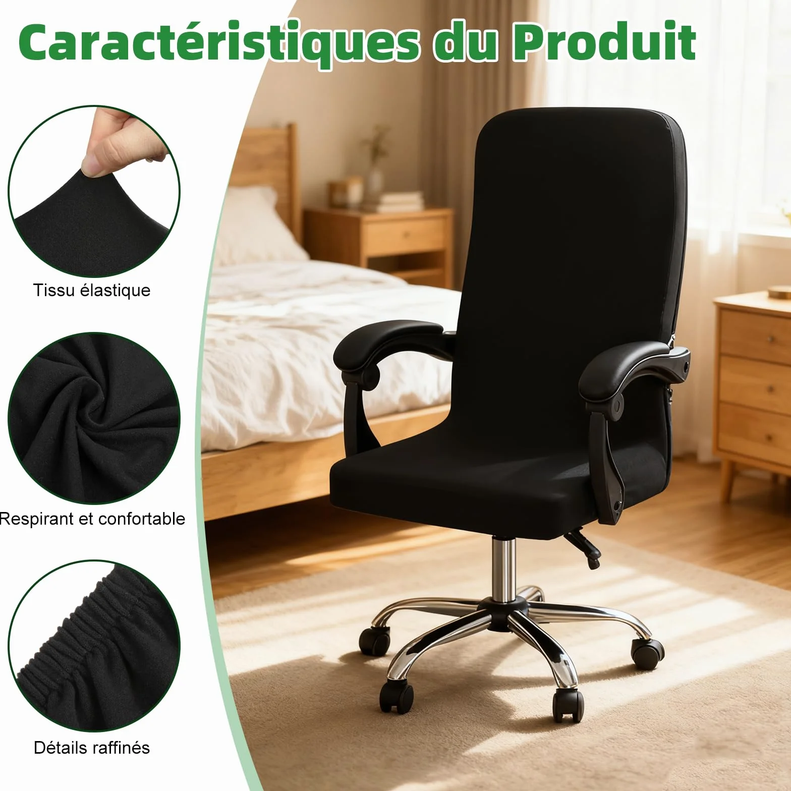 Housse de Chaise de Bureau Dioxide, Fauteuil Bureau à Fermeture Éclair Lavable Universelle Noir M