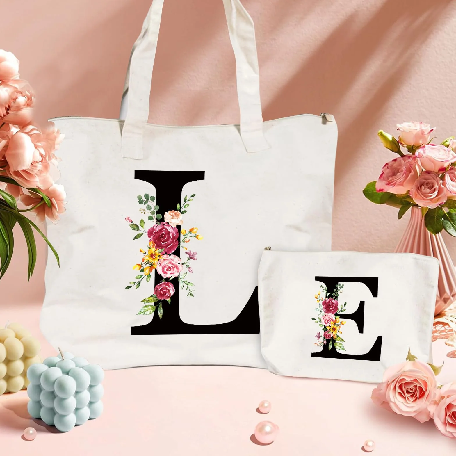 Sac Fourre-Tout en Toile Tote Bag Personnalisé avec Initiale Fleur pour Femme
