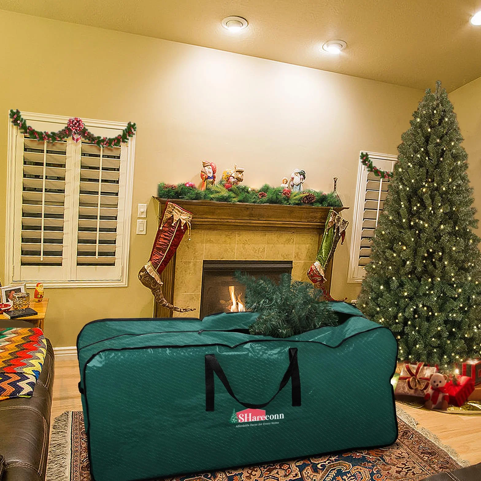 SHareconn Sac de Rangement pour Sapin de Noël 7.5 Pieds 230 cm, Durable Vert