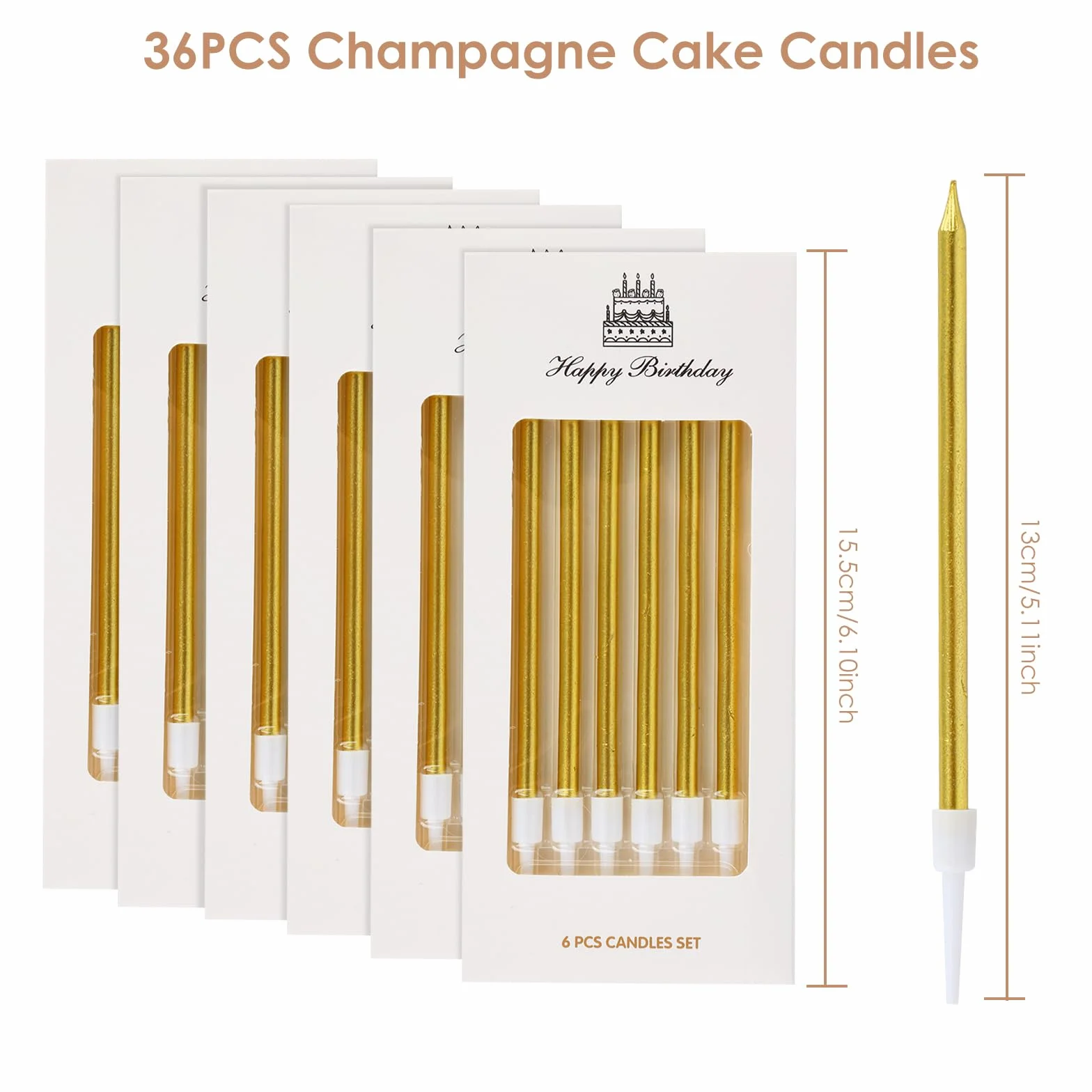Bougies Anniversaire Dorée 36 Pièces avec Supports Longues et Fines Gold pour Gâteau Fête