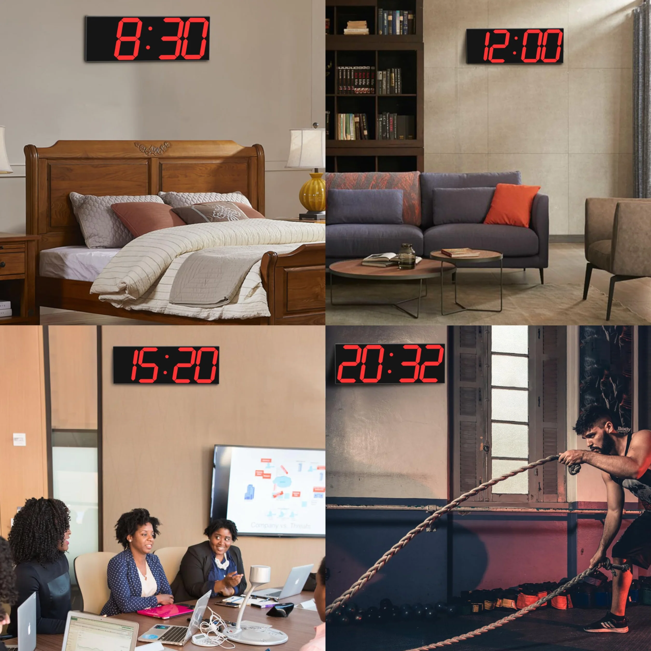CHKOSDA Grande horloge murale LED numérique 18 pouces compte à rebours 8 niveaux luminosité réglables affichage 12/24 heures indicateur température calendrier rouge