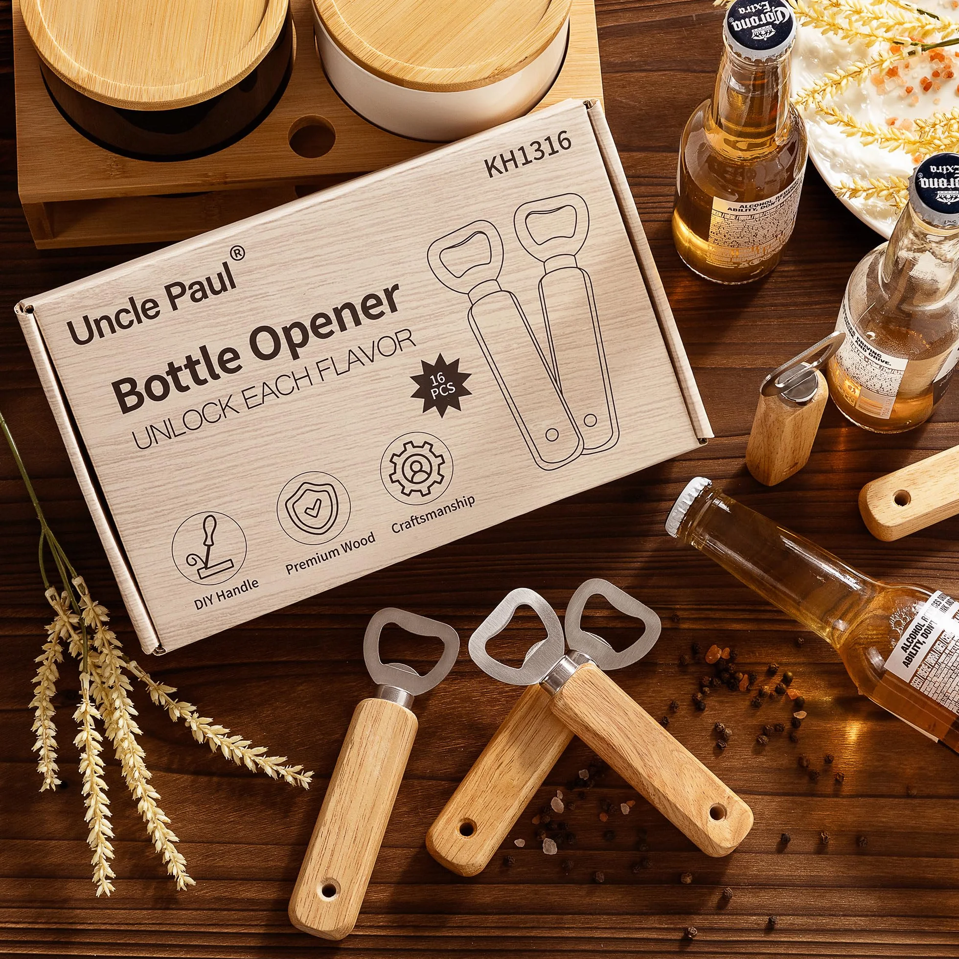 Ouvre-bouteilles en Bois Gravable 16 Pièces pour Bière KH1316