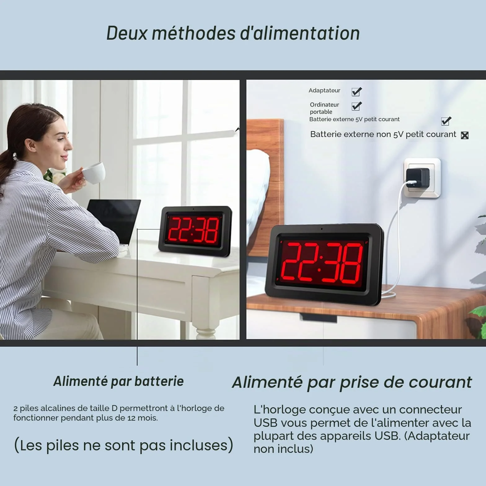 Horloge Murale LED Affichage Numérique Rouge 21,5 x 14 x 4,5 cm Alimentée par Batterie ou Adaptateur Réveil Lumineux